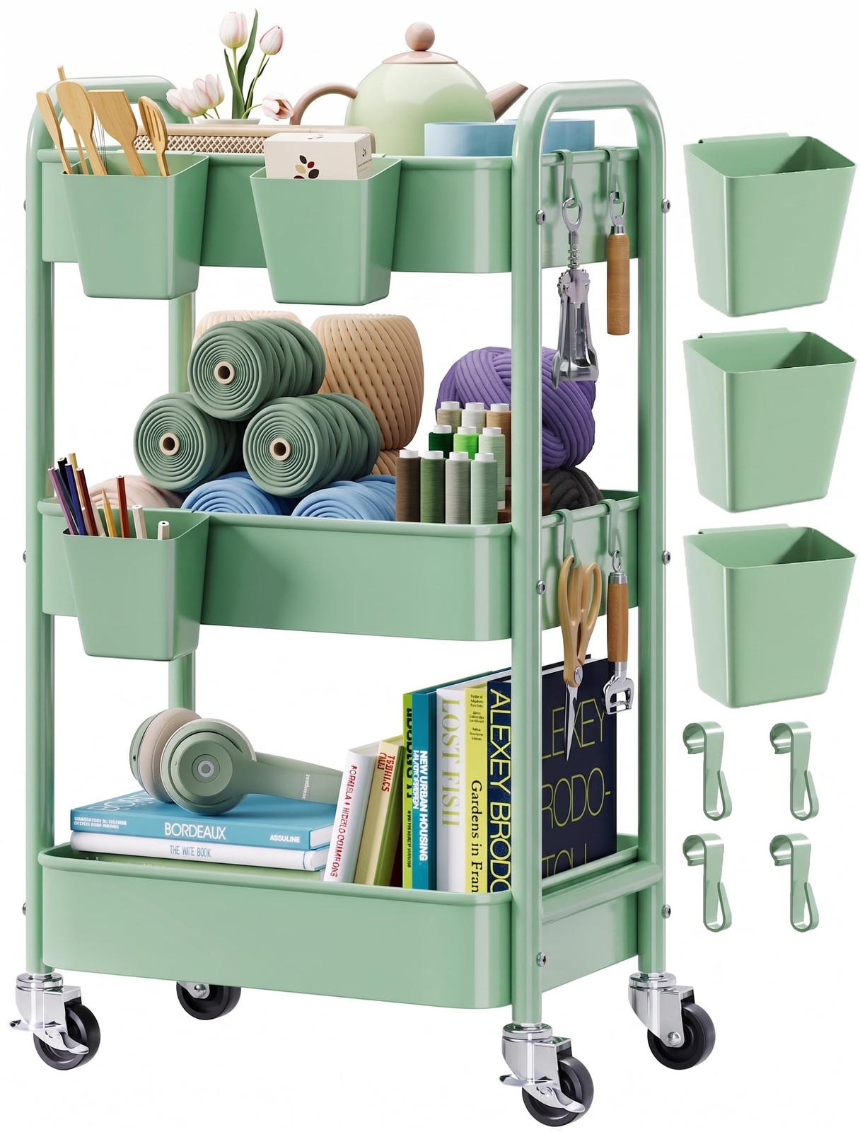 3 Tier Rolling Storage Cart Metal Utility Organizer with Wheels Green