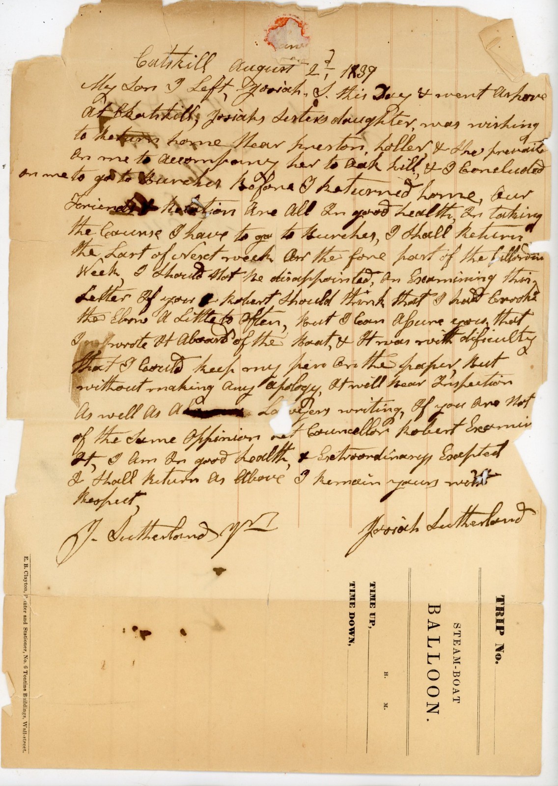 1839 Steamboat BALLOON Hudson River Letter 2 US Congressman Josiah Sutherland NY 1839 Steamboat BALLOON Hudson River Letter 2 US Congressman Josiah Sutherland NY