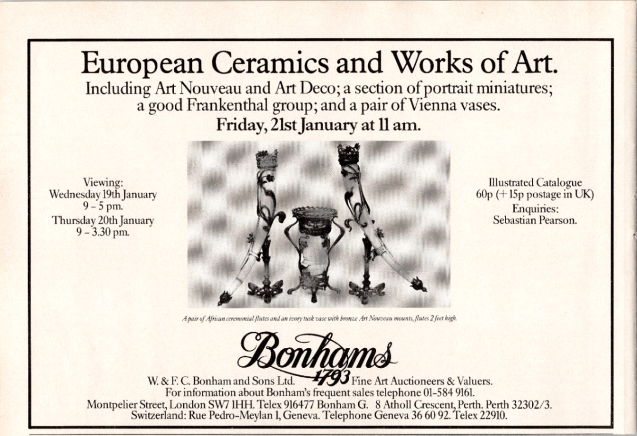 Bonhams Auction Art Nouveau Art Deco European Ceramics Print Ad 1970s