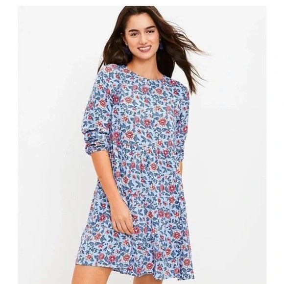 LOFT Garden Tiered Floral Print Long Sleeve Lightweight Pocket Swing Dress Small