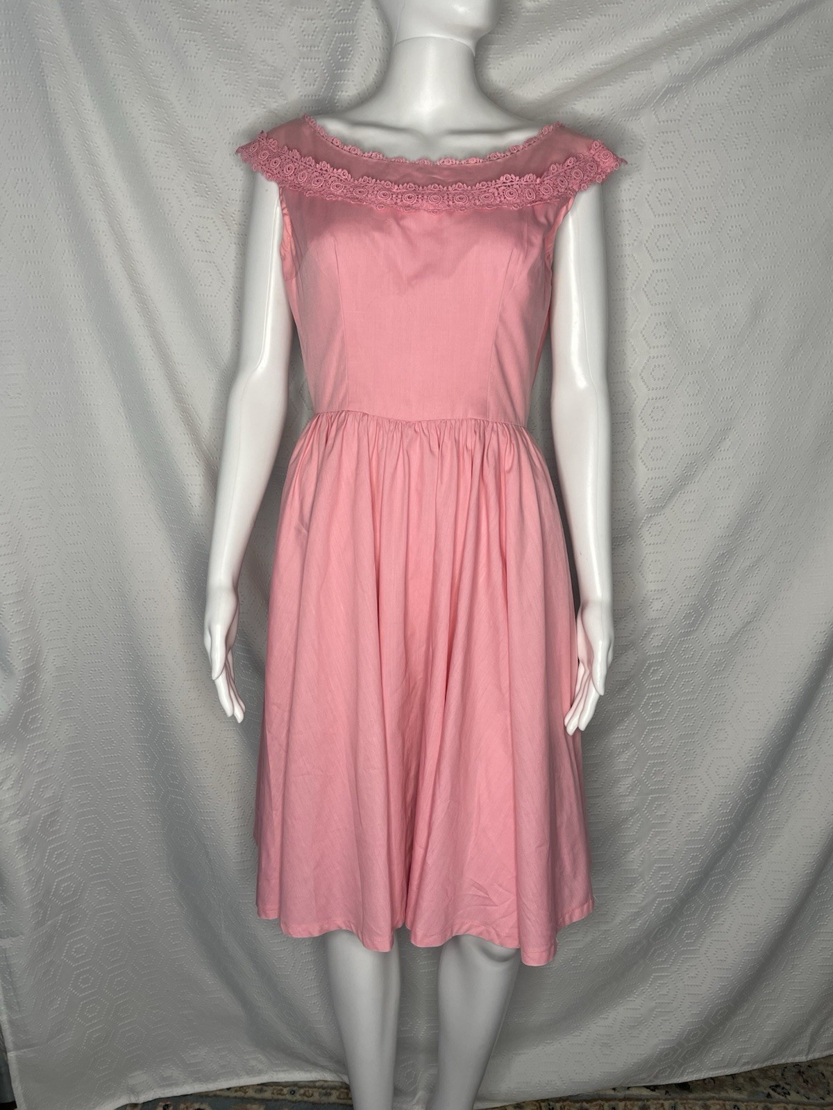 Vtg 1950s Pink Cotton Dress Lace Trim Full Skirt S/M Sleeveless Homemade Demure