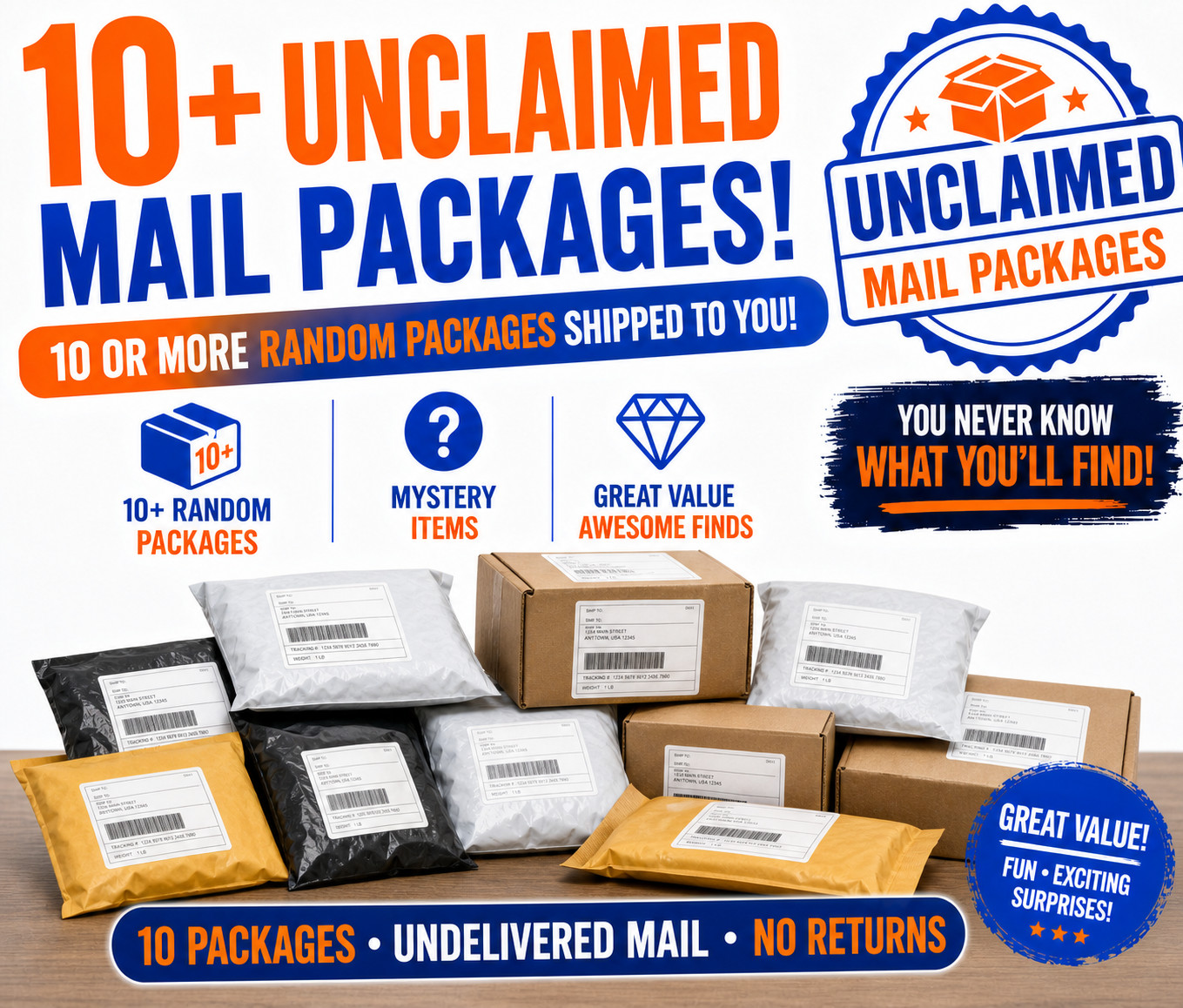 Unclaimed Mail Mystery Box - 10 Undelivered Package - No Return Mail-Overstock
