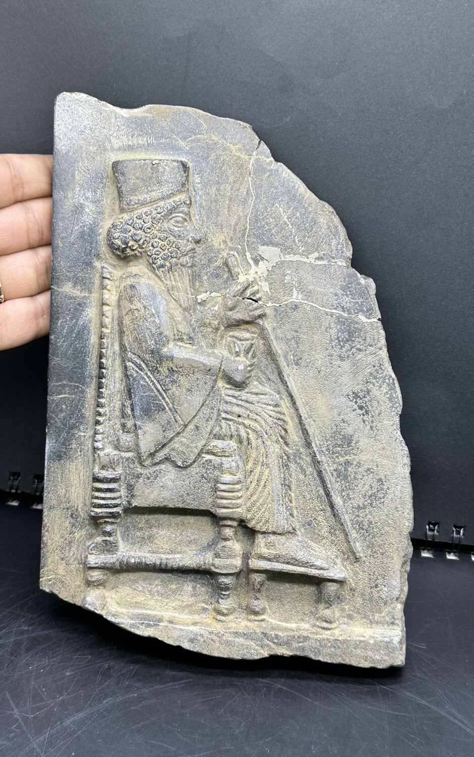 Ancient Near Eastern Stone Tablet Depicted Bearded King Seated In Throne Ancient Near Eastern Stone Tablet Depicted Bearded King Seated In Throne