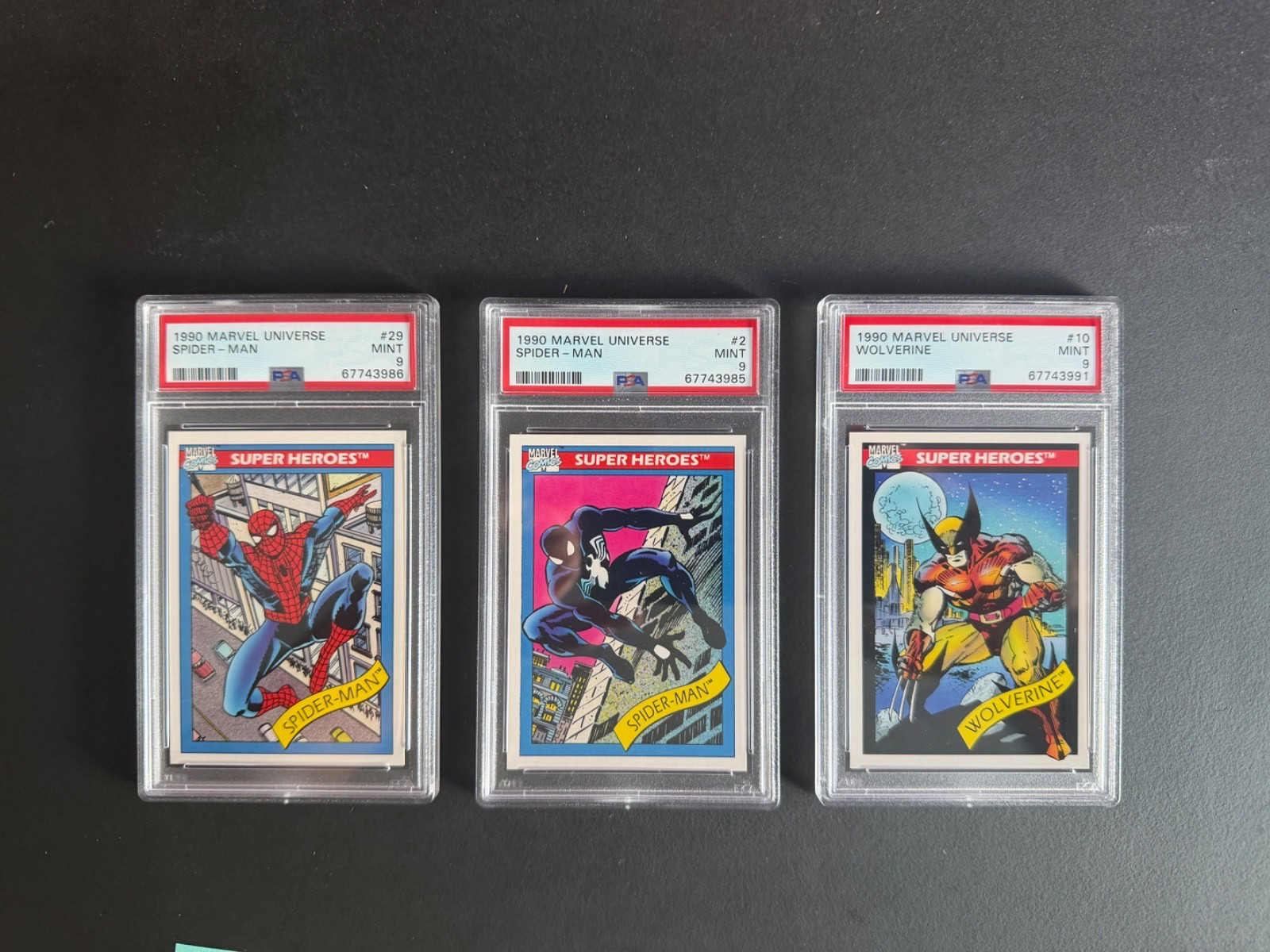 1990 Marvel Universe Spider-man #2, Wolverine #10, Spider-man #29 – PSA 9
