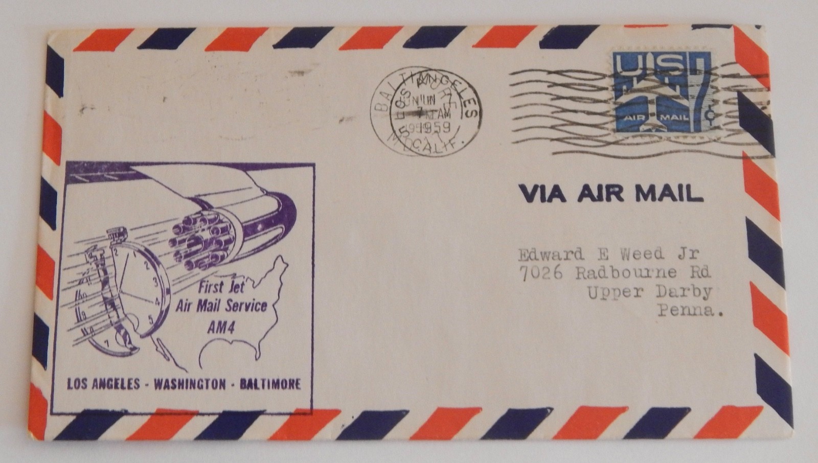 Los Angeles California to Baltimore Maryland June 7 1959 first flight airmail Los Angeles California to Baltimore Maryland June 7 1959 first flight airmail