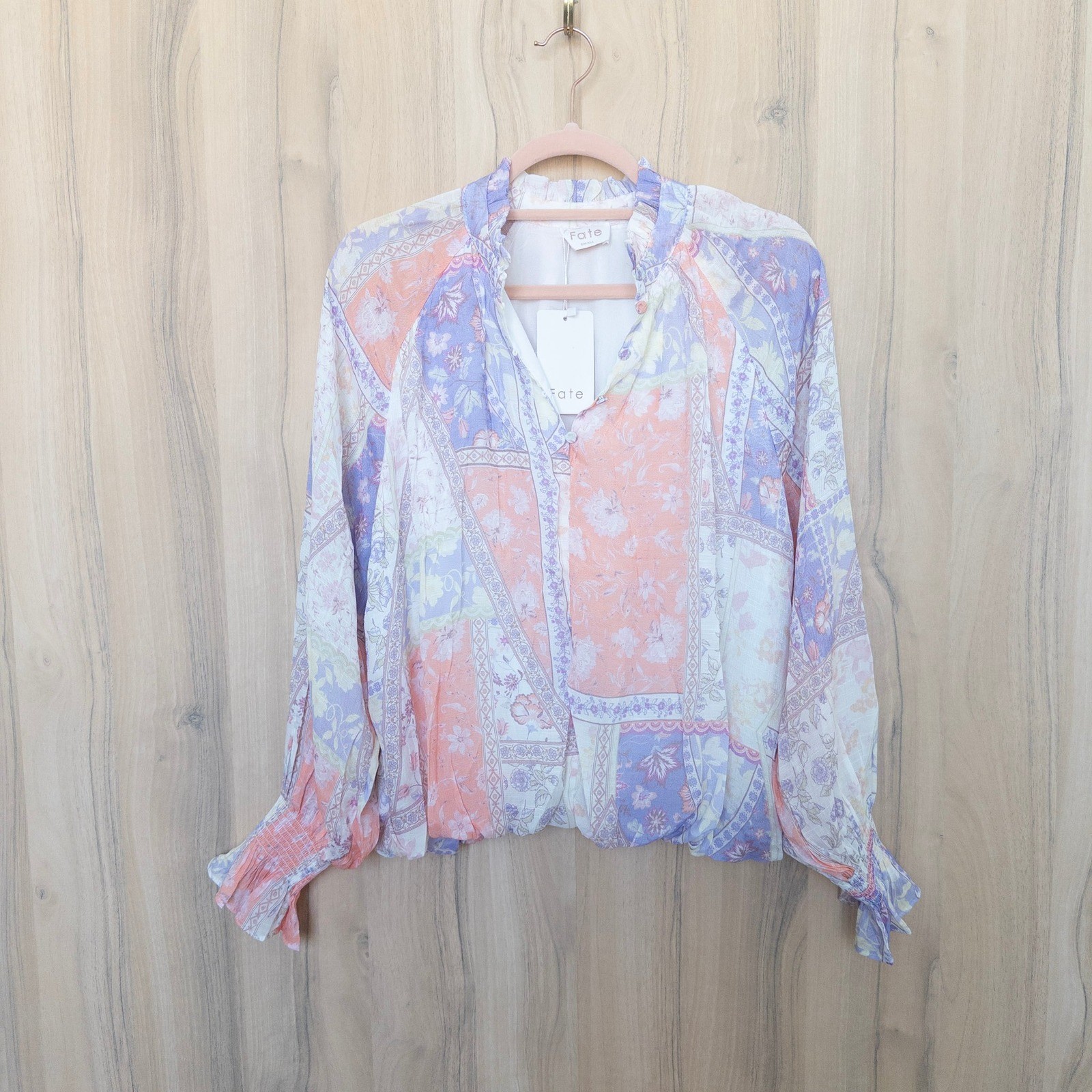 Fate Womens Patchwork Floral Blouse Small Pastel Ruffle Smocked Boho Cottage