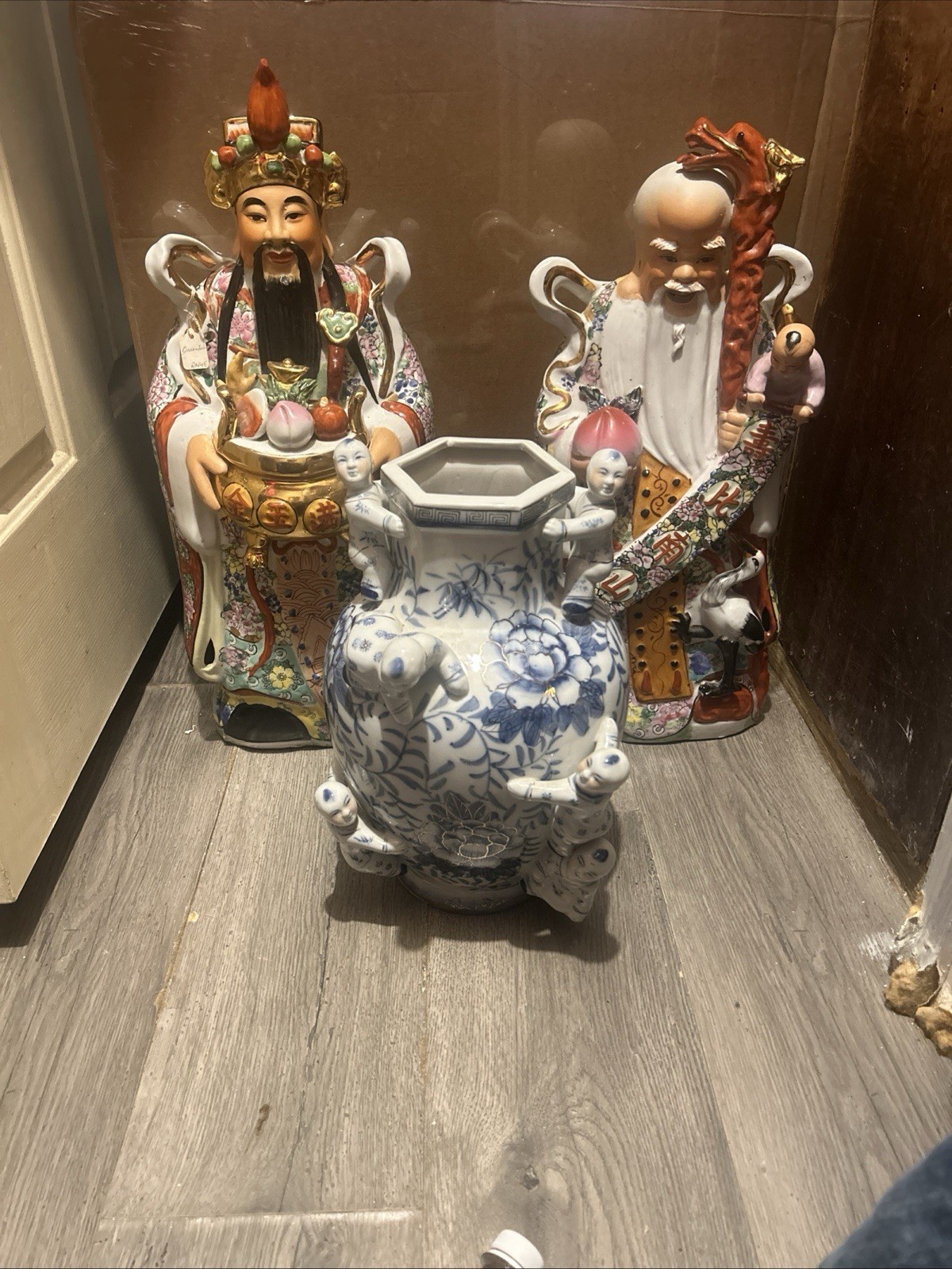 Vintage Chinese Porcelain Gods (2) With (1) Blue Vintage Fertility Vase Vintage Chinese Porcelain Gods (2) With (1) Blue Vintage Fertility Vase