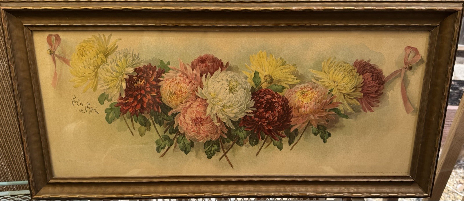 Antique Paul de Longpre Framed ORIGINAL 1895 PRINT Bouquet of Chrysanthemums