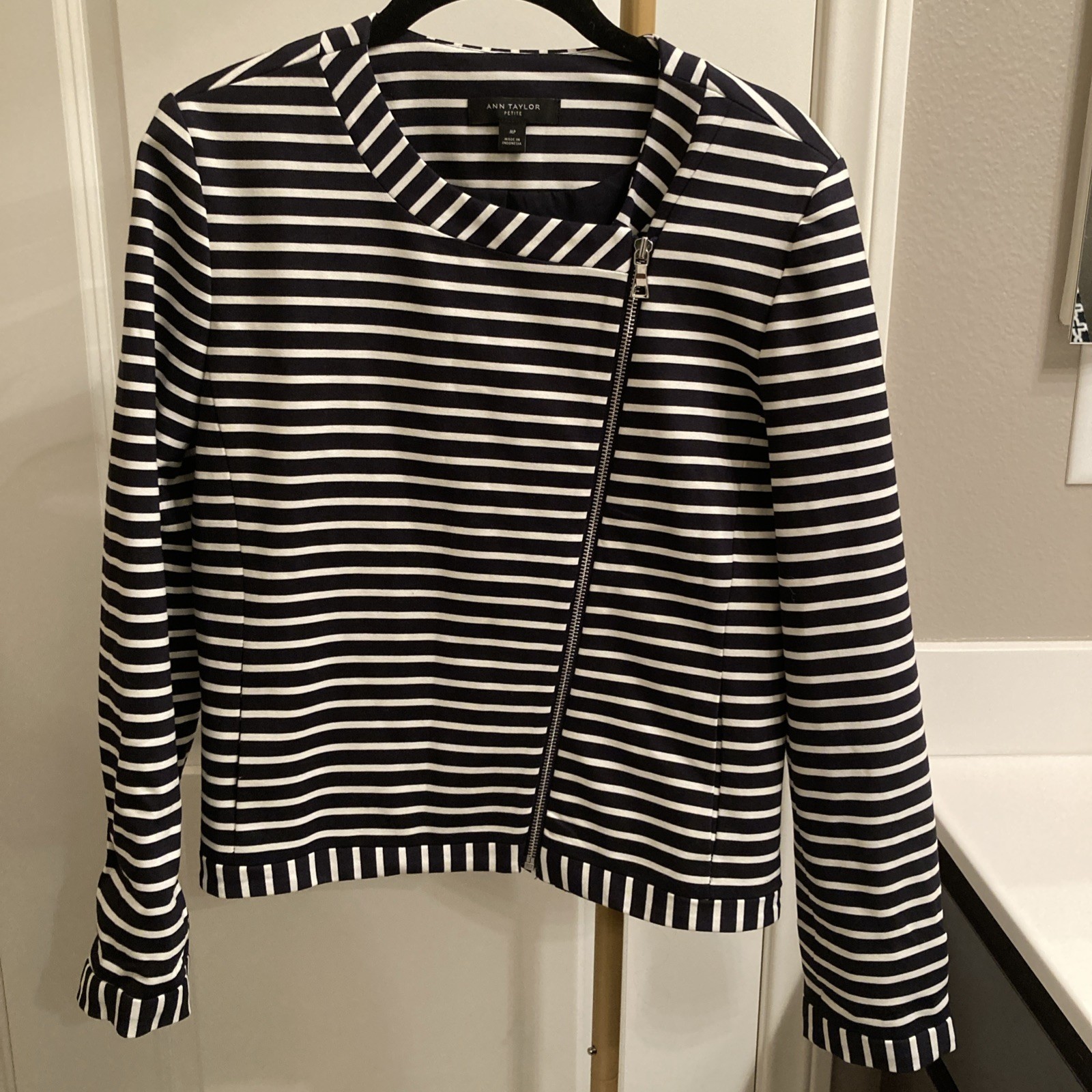 EUC Ann Taylor Stripped Moto Jacket - Black & White Medium Petite