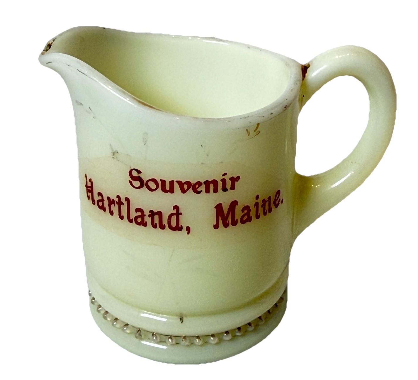 Hartland , MAINE ME Uranium Antique Custard Glass Souvenir Trinket Creamer Hartland , MAINE ME Uranium Antique Custard Glass Souvenir Trinket Creamer