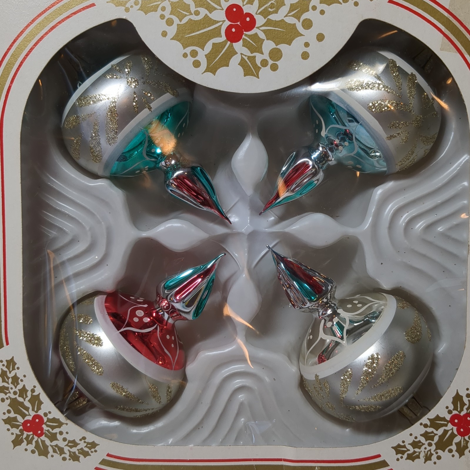 VTG Bradford Glass Teardrop Finial Reflector Christmas Ornaments Set Of 4 w/Box