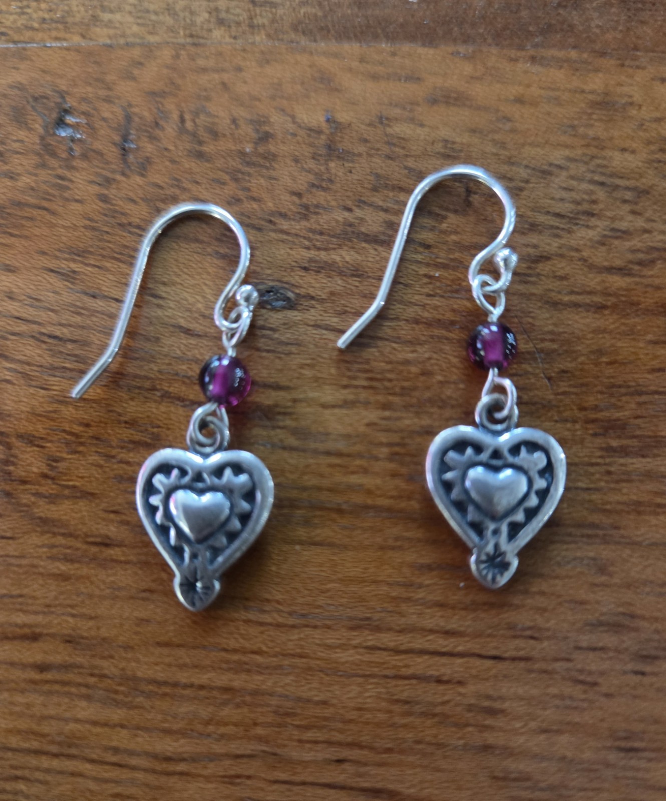 Retired Silpada W0953 Sterling Silver 925 Heart Garnet Bead Dangle Earrings