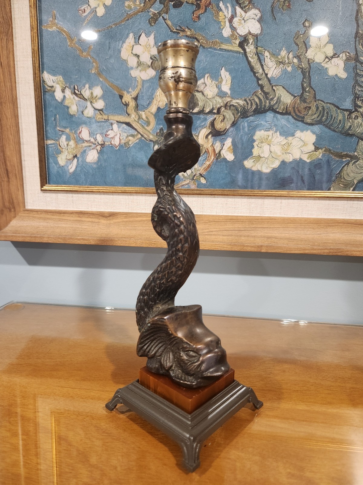Vintage Asian Koi Dragon Candle Stick Holder Cast Heavy