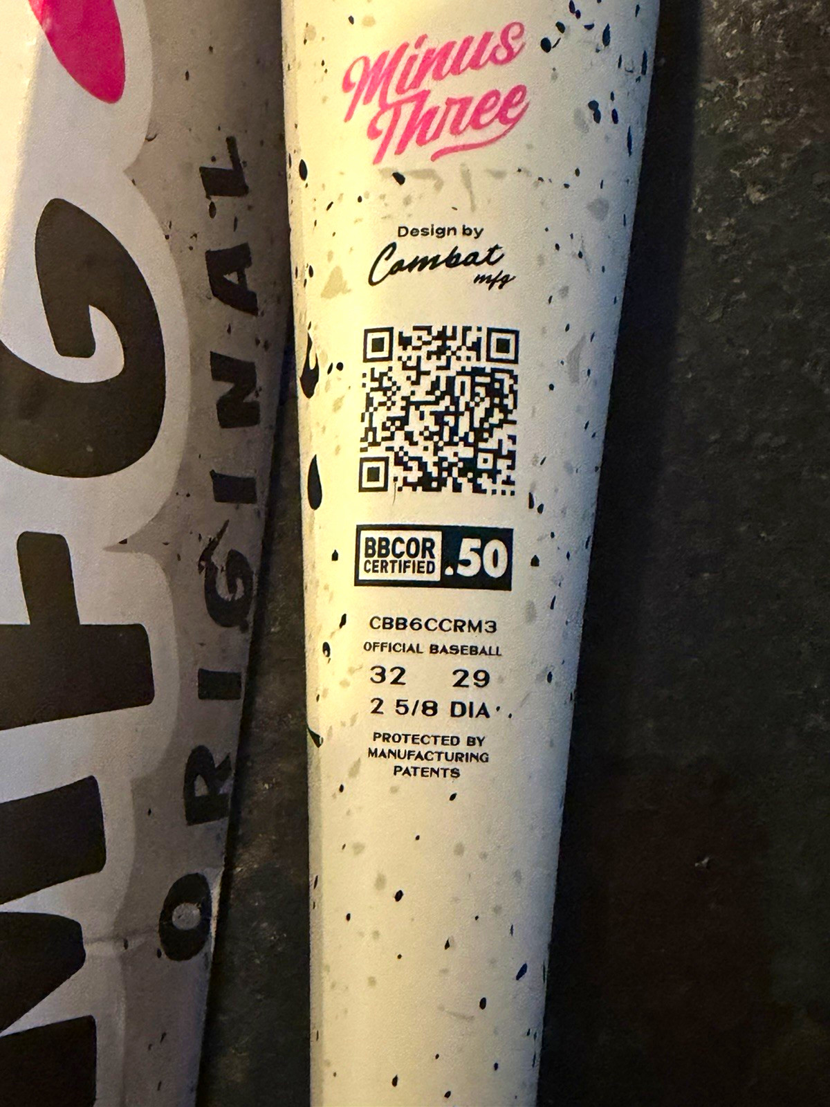 Combat Minus Three Youth Baseball Bat 32 in 29 oz 2 5/8 in Barrel White/Pink Combat Minus Three Youth Baseball Bat 32 in 29 oz 2 5/8 in Barrel White/Pink