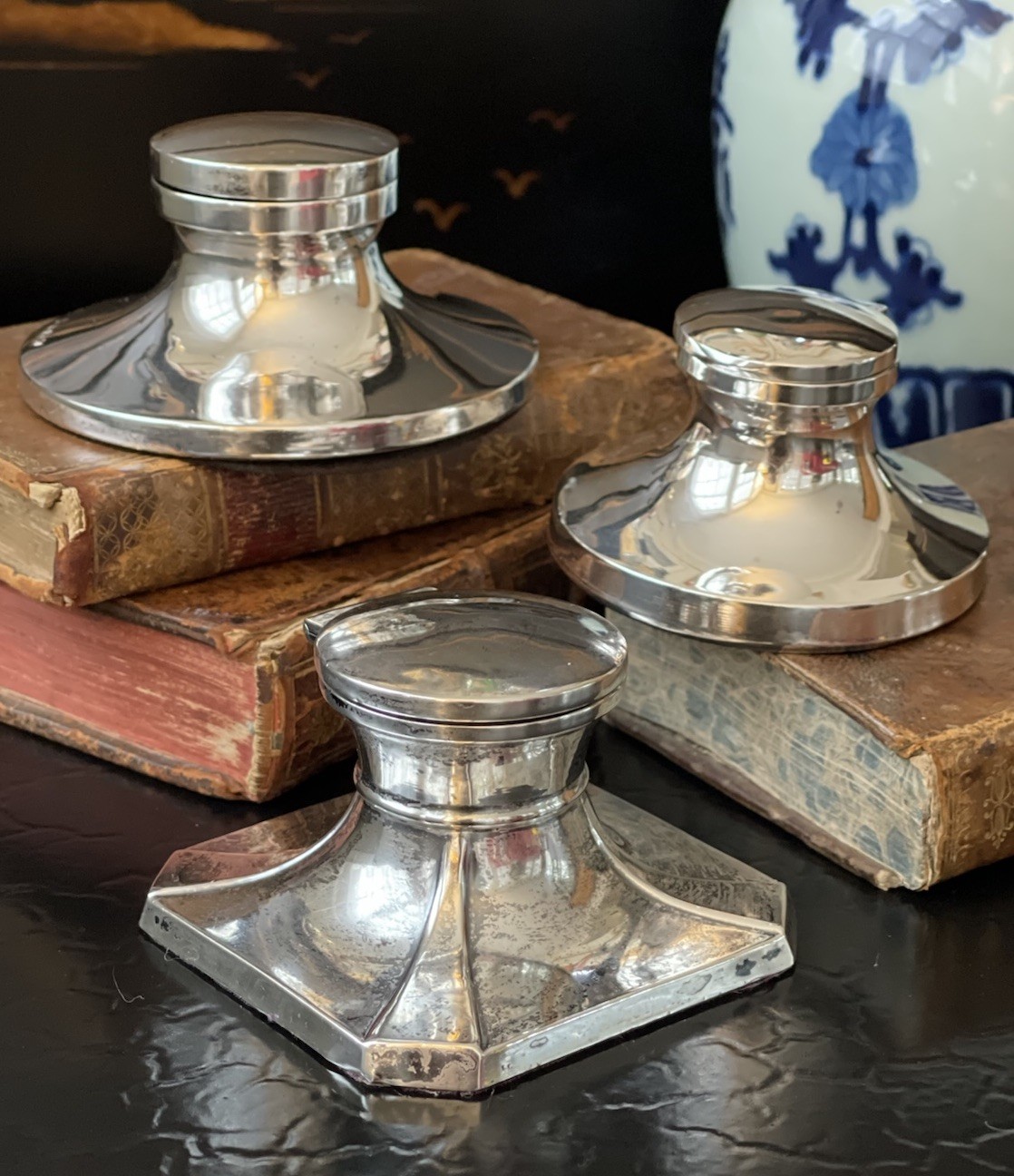 Exceptional Antique English Sterling Silver Capstan Ink Well Trio Rare • c1910