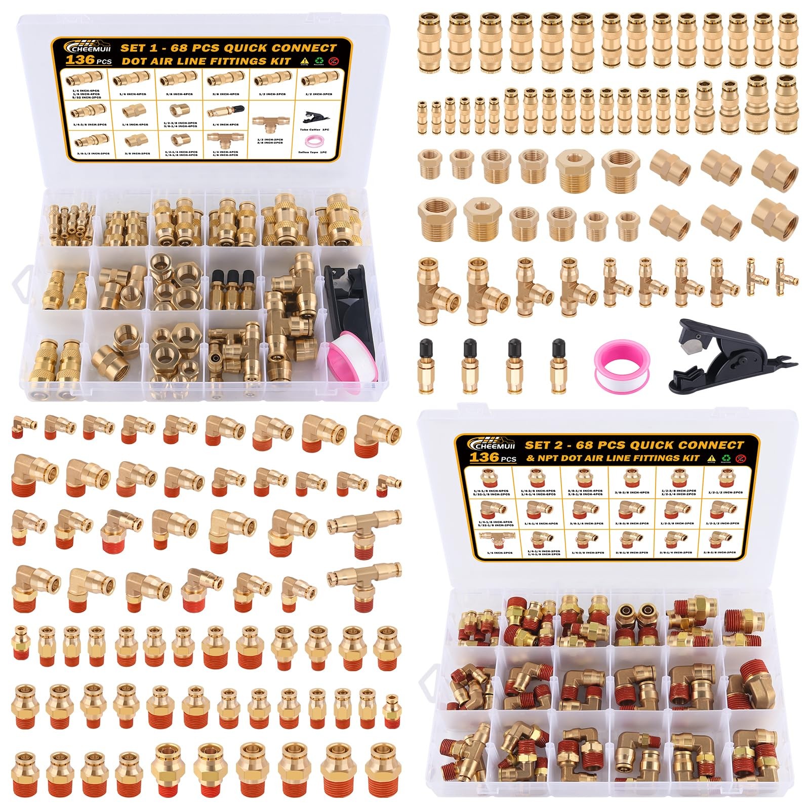 136 PCS Brass DOT Air Line Fittings Kit Push Lock 136PCS, Gold