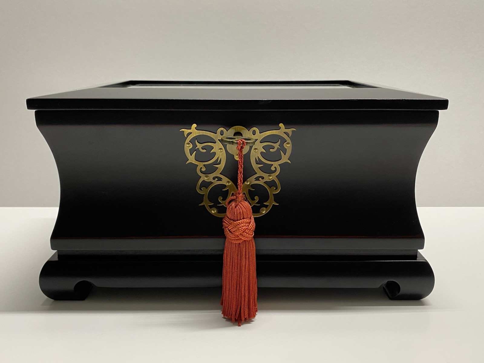 Vintage Bombay Jewelry Box  solid dark wood Glass Top Asian Style W/ Key 