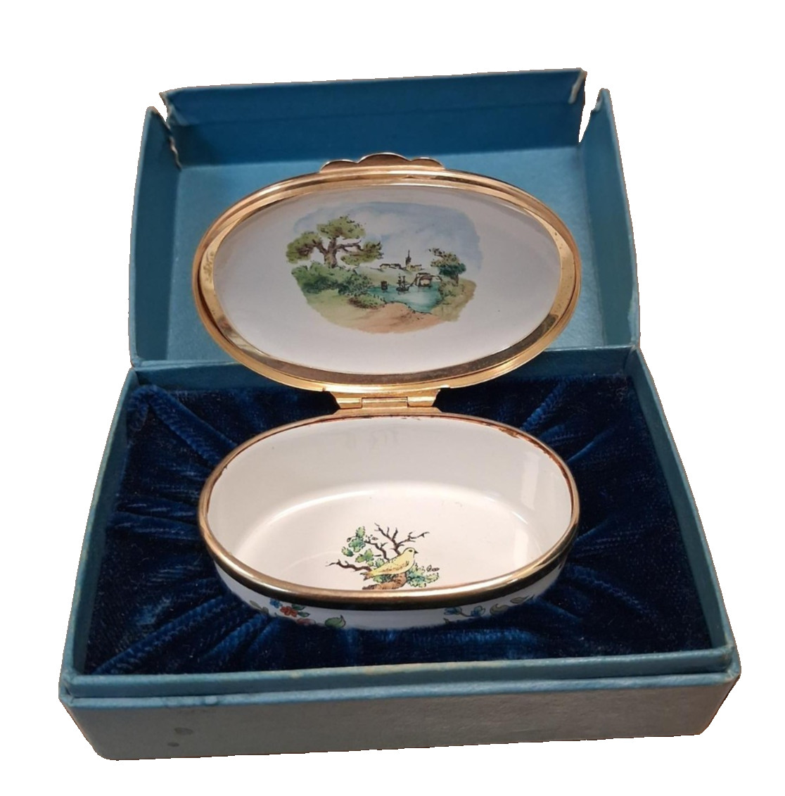 Vintage Bilston & Battersea Halcyon Days Enamel Oval Trinket Box In Original Box