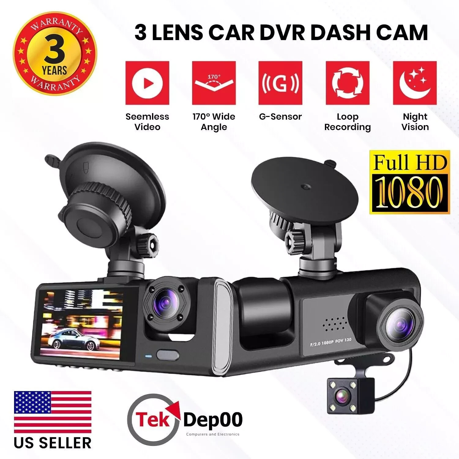 Car Dual Lens Dash Cam HD 1080P Front/Rear/Inside Video Recorder Camera G-Sensor