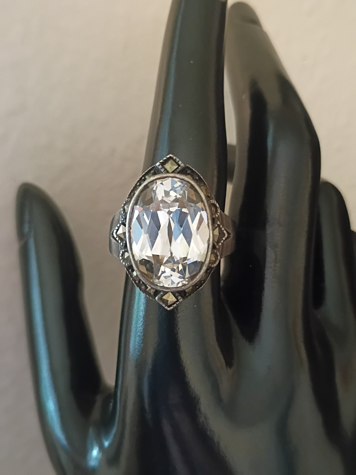 XXL Jumbo Crystal & Marcasite 925 Silver Ring 13.62 Grams