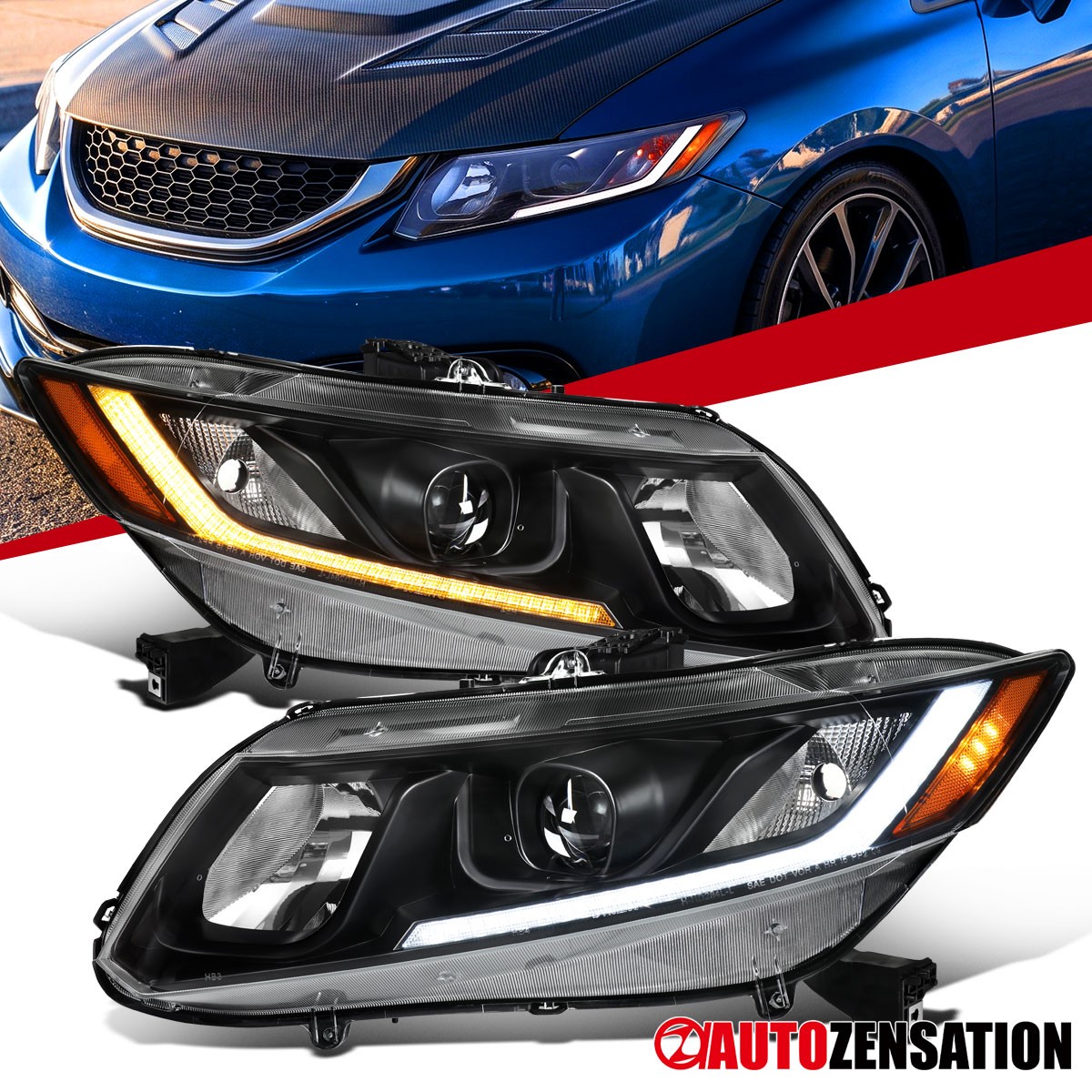 Fit 2012-2015 Honda Civic Sedan 12-13 Coupe LED Bar Projector Headlights Black