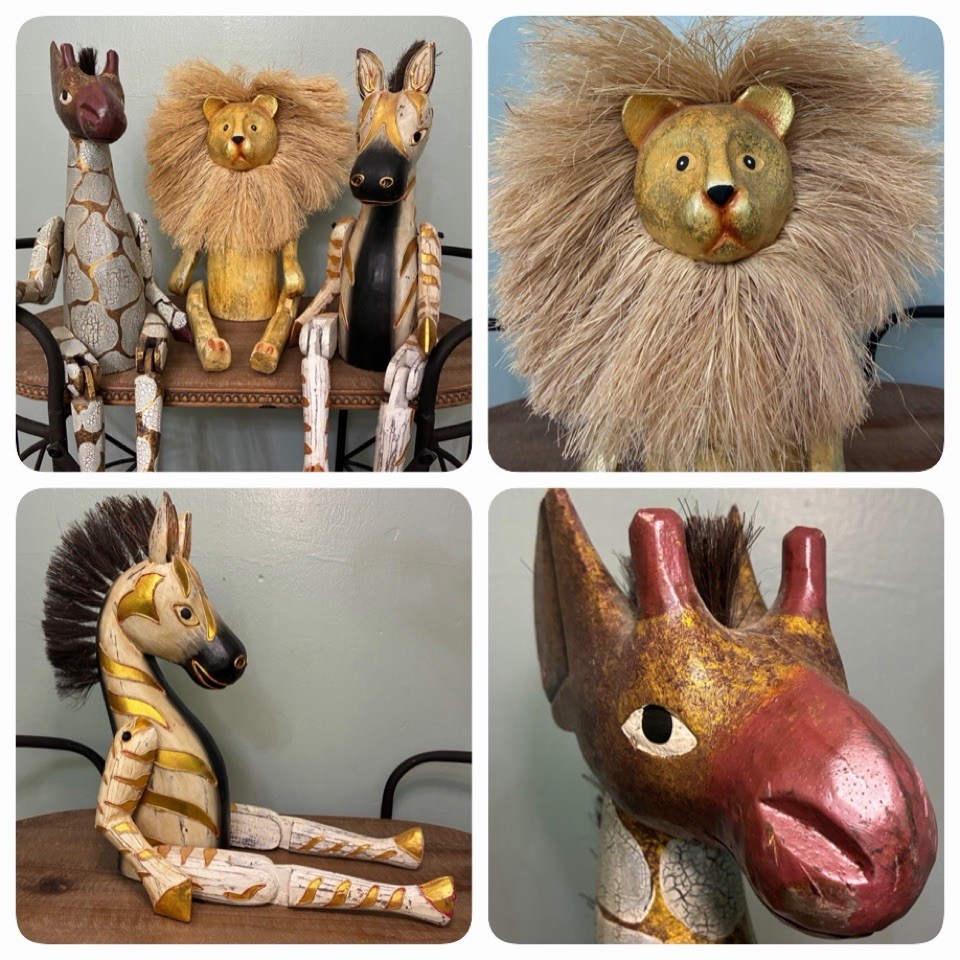 3 PIER 1 IMPORT Giraffe Lion Zebra Articulated Large Safari Wooden Shelf Sitters