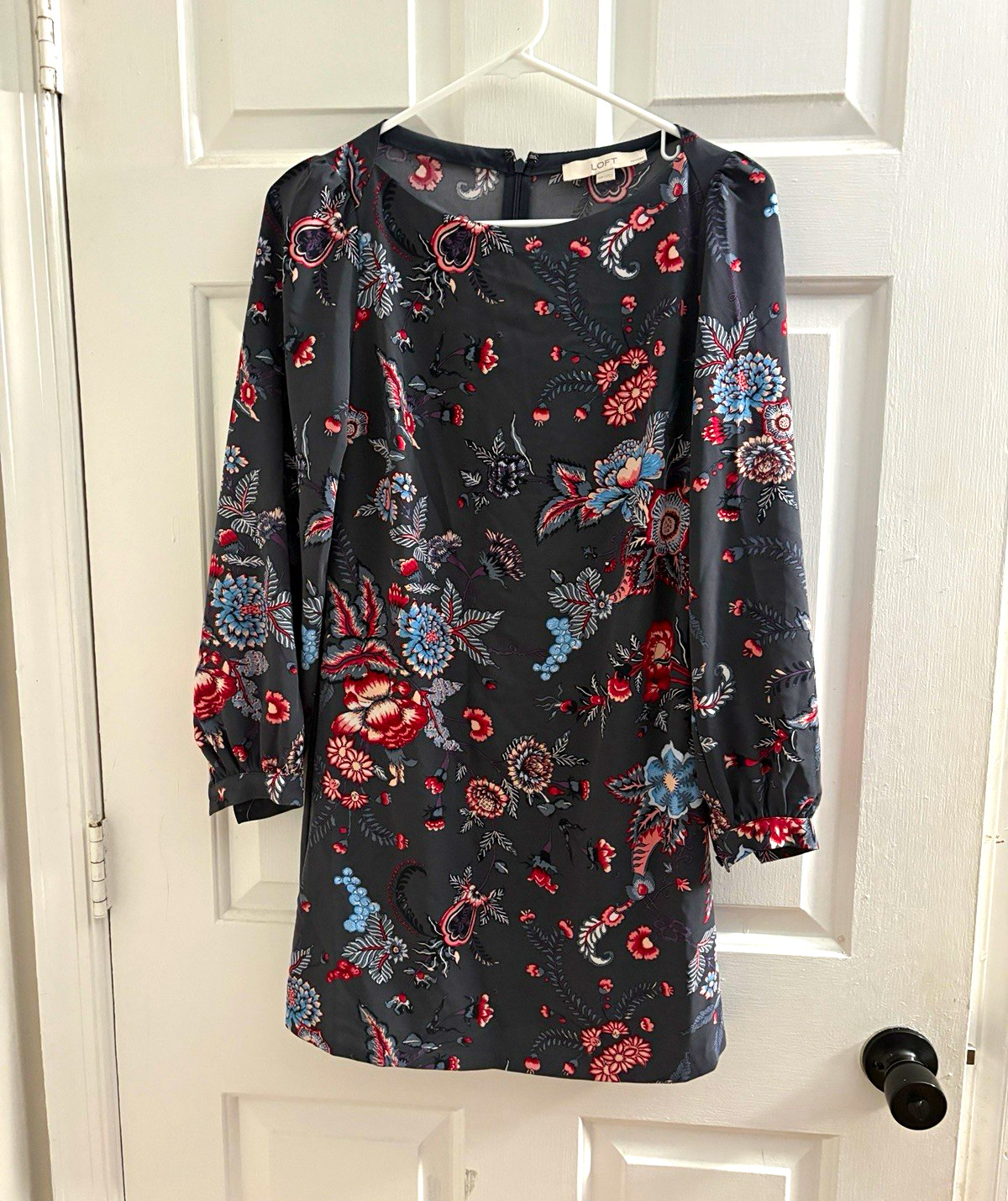 LOFT Petites 00P Black Floral Shift Dress 3/4 Sleeve Round Neck Short Zip