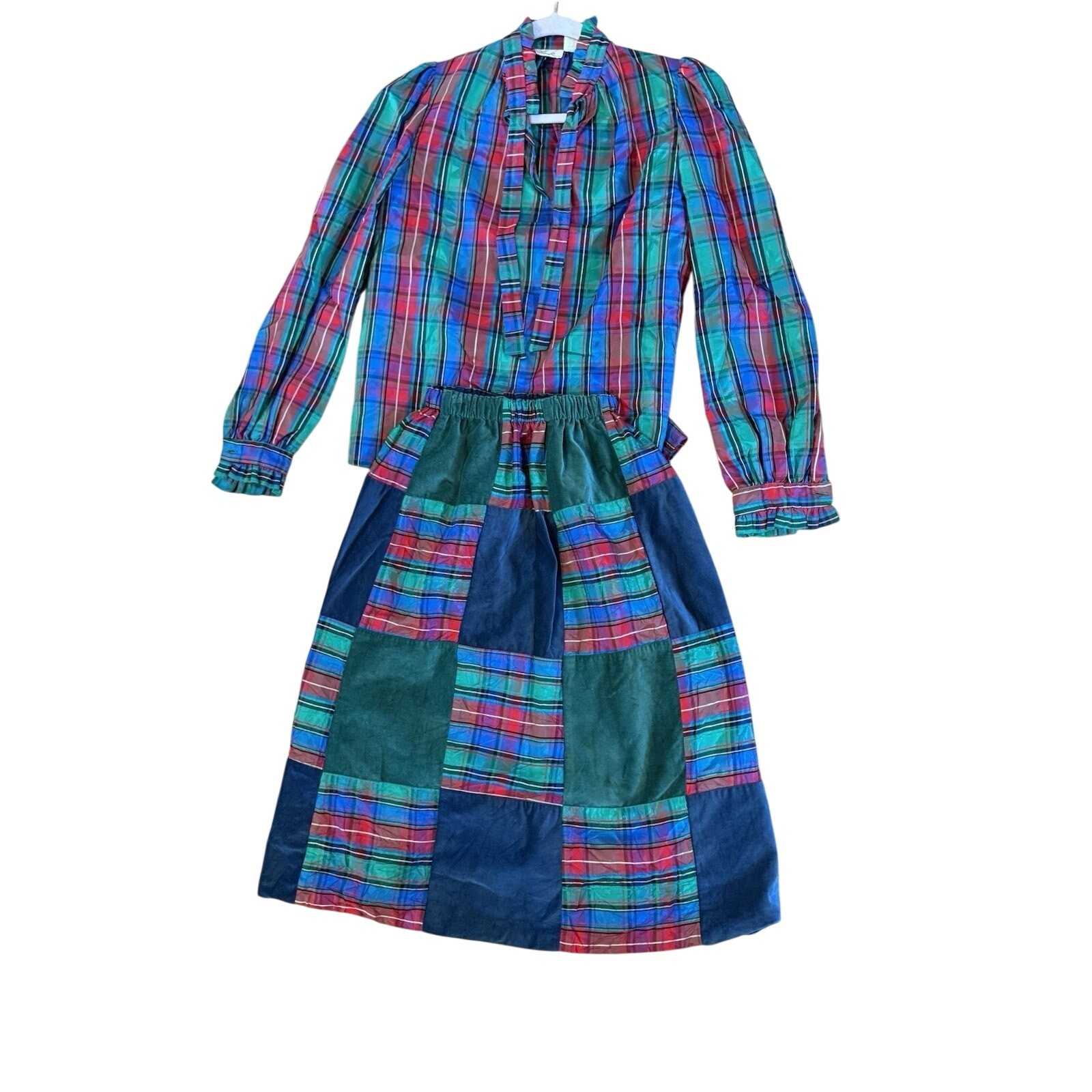 VTG 70’s Patchwork Plaid Christmas Midi Skirt Blouse Matching Set S preppy