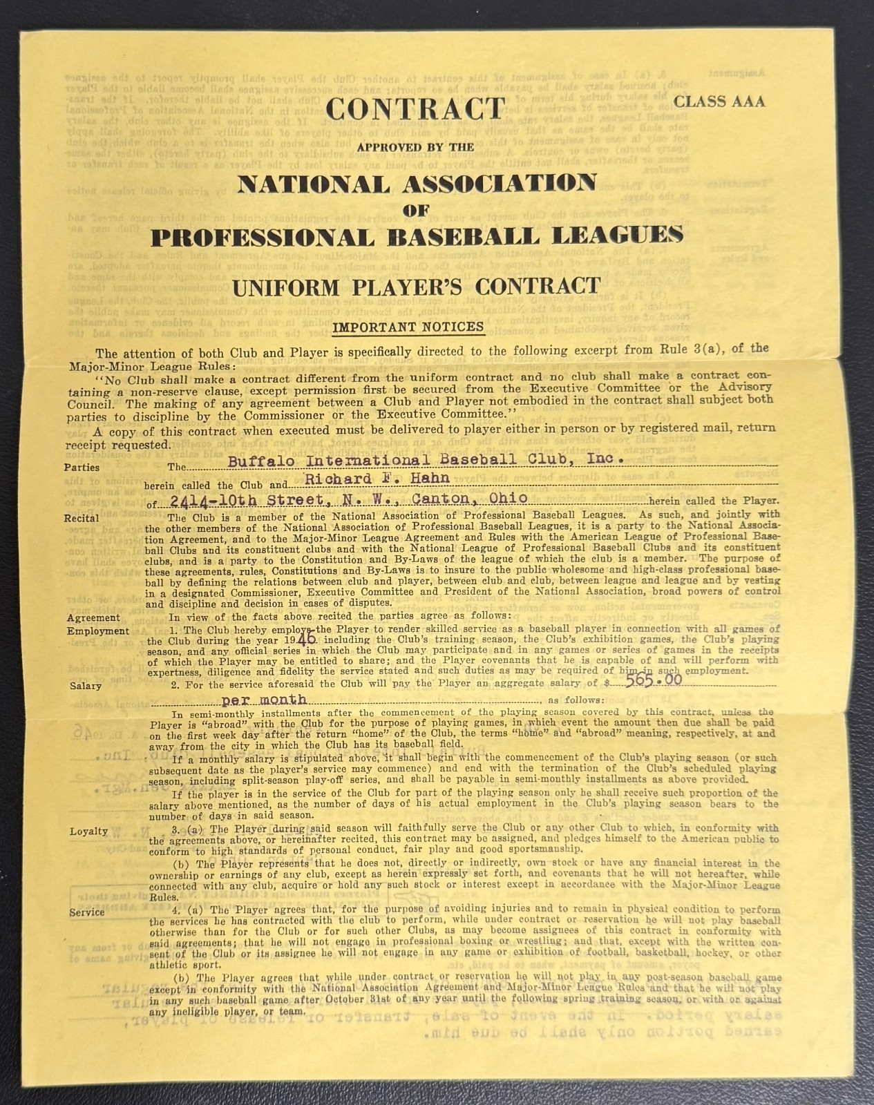 BUCKY HARRIS Autographed 1946 Baseball Contract Signed Twice HOF Died 1977