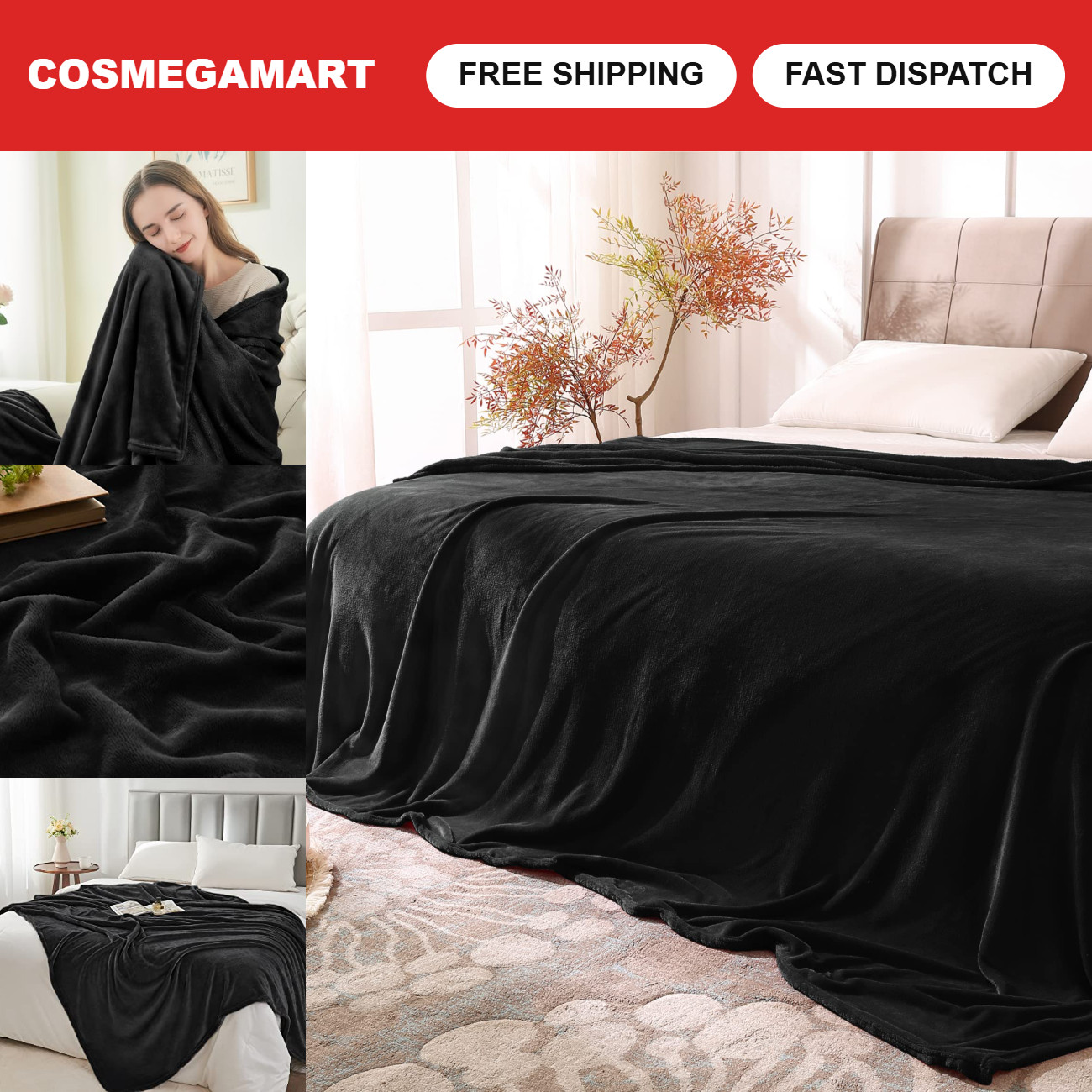 Soft Plush King Size Fleece Blanket - Black 108\ Soft Plush King Size Fleece Blanket - Black 108\