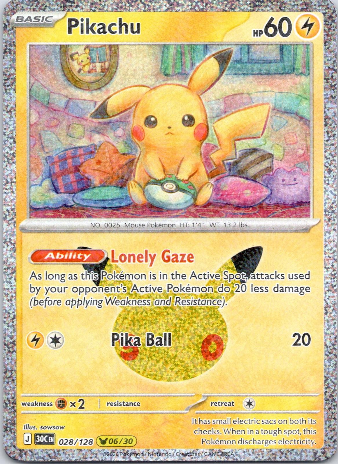 Pikachu 028/128 Holo Pikachu Rare ME: 30th Celebration Pokemon Near Mint Pikachu 028/128 Holo Pikachu Rare ME: 30th Celebration Pokemon Near Mint