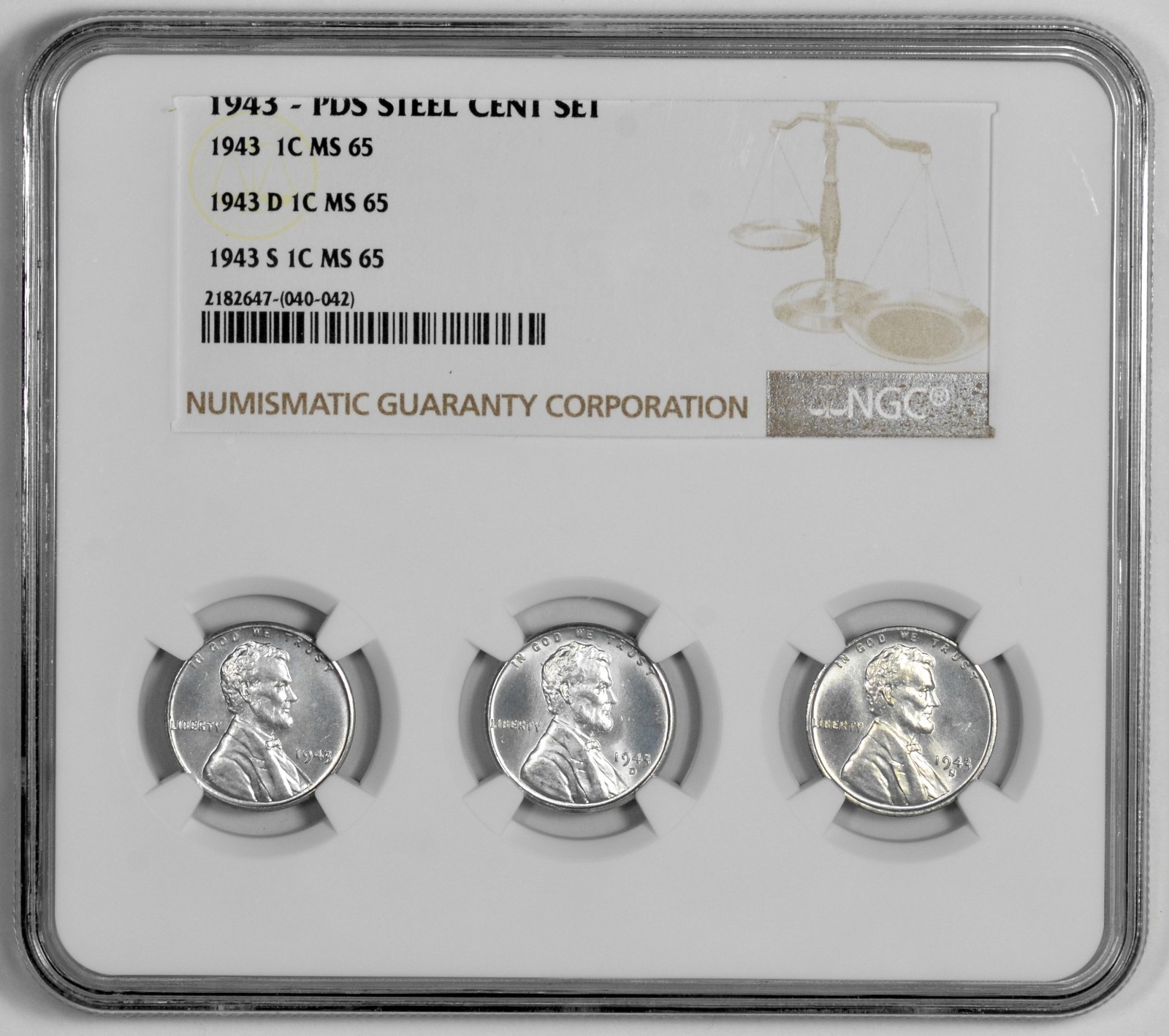 1943 P D S 1c Lincoln Steel Wheat Cent Set NGC Graded MS 65 Three Coin Holder