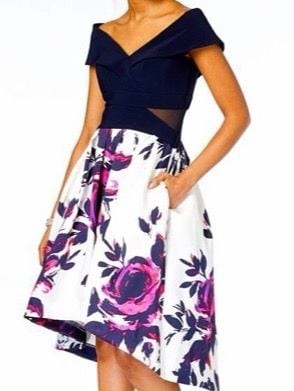 Xscape Off-The-Shoulder Floral-Print High-Low Dress