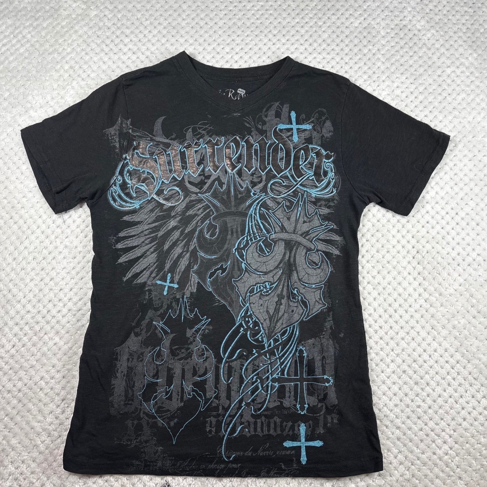 Raw Uncut Y2K Grunge Emo Punk Cross Surrender Tee Womens Large Raw Uncut Y2K Grunge Emo Punk Cross Surrender Tee Womens Large