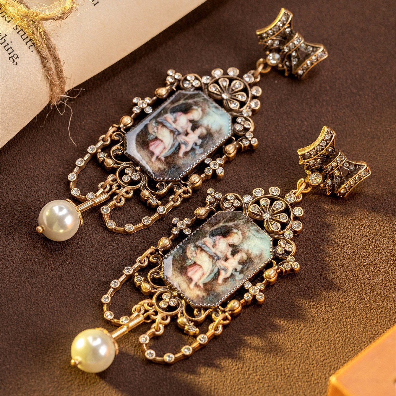 Vintage Victorian Pearl Drop Earrings Gold Tone Rhinestone Renaissance Dangle