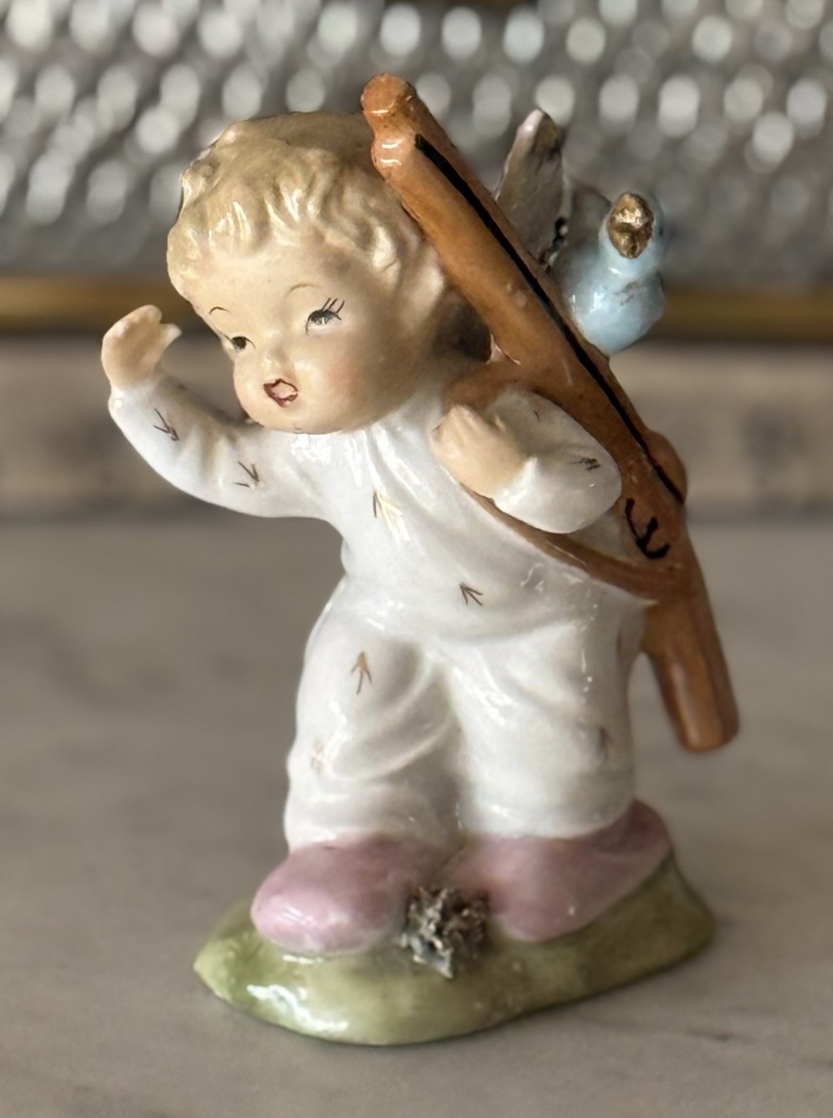 Vintage Artmark Hand-Painted Ceramic Hunter Angel w/ Blue Bird & Rifle RARE