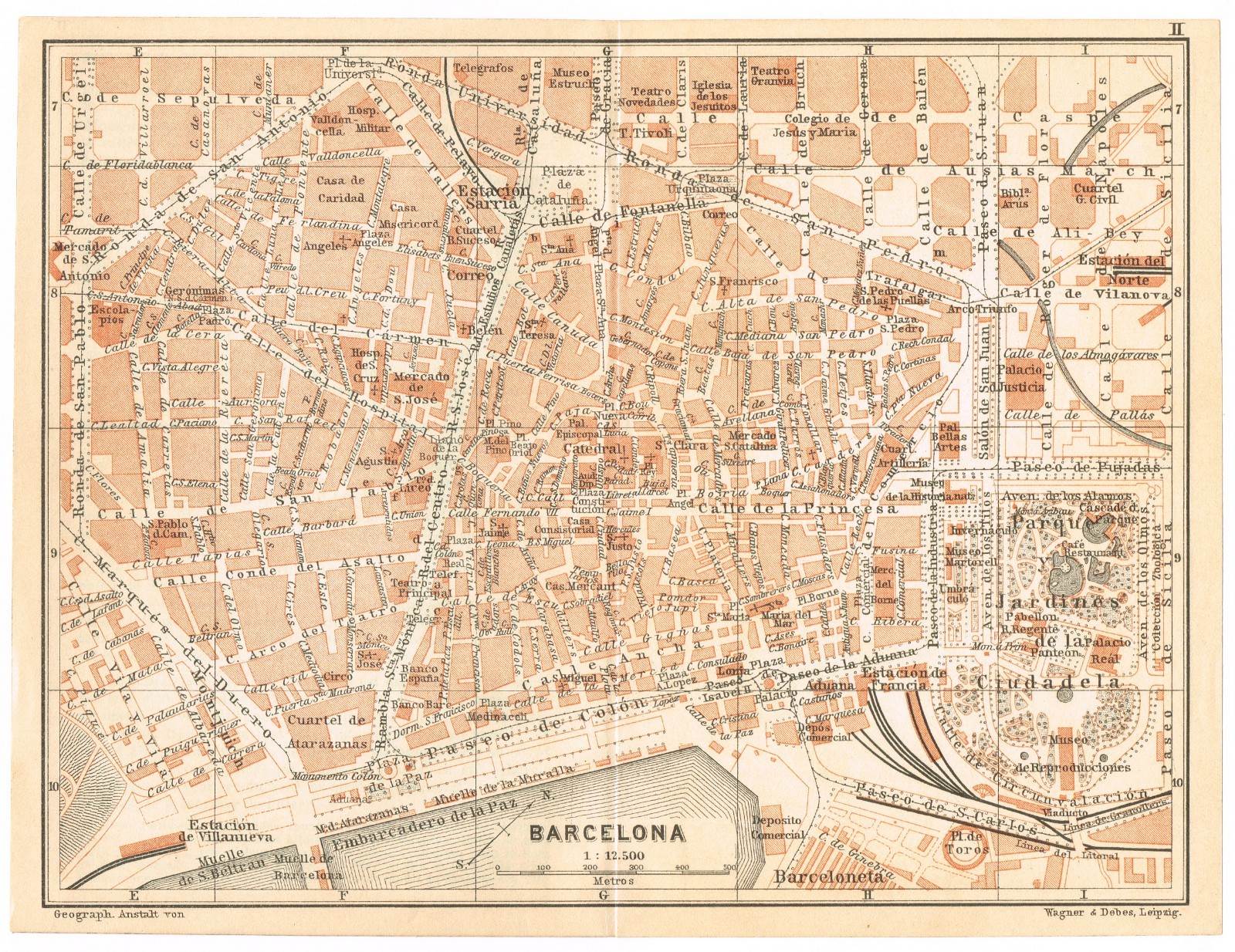 BARCELONA 1908  Spain Catalonia Original city plan map