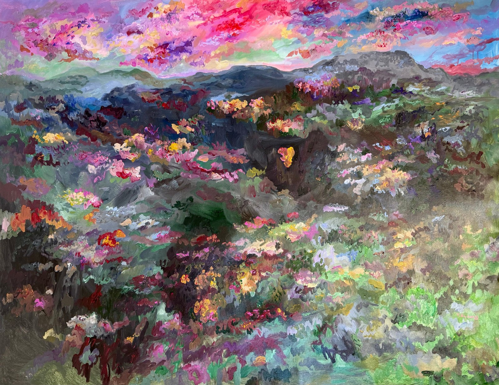 Red Sunset Landscape Acrylic Painting 36x48 Original art, Mountains and Fields