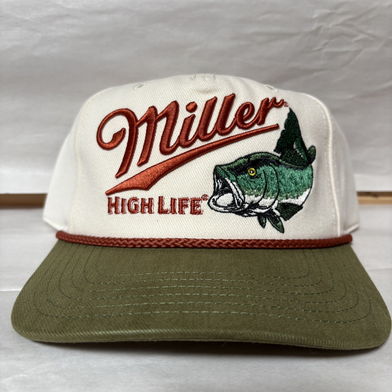 Miller High Life Bass Fish Embroidered Snapback Hat NWT Vintage 90s Style Rope