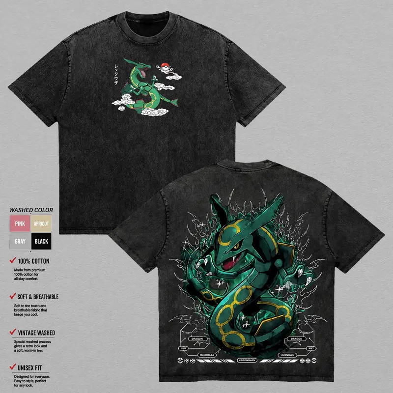 PKM Rayquaza Vintage Anime Graphic Tee Heavy Cotton Unisex Shirt