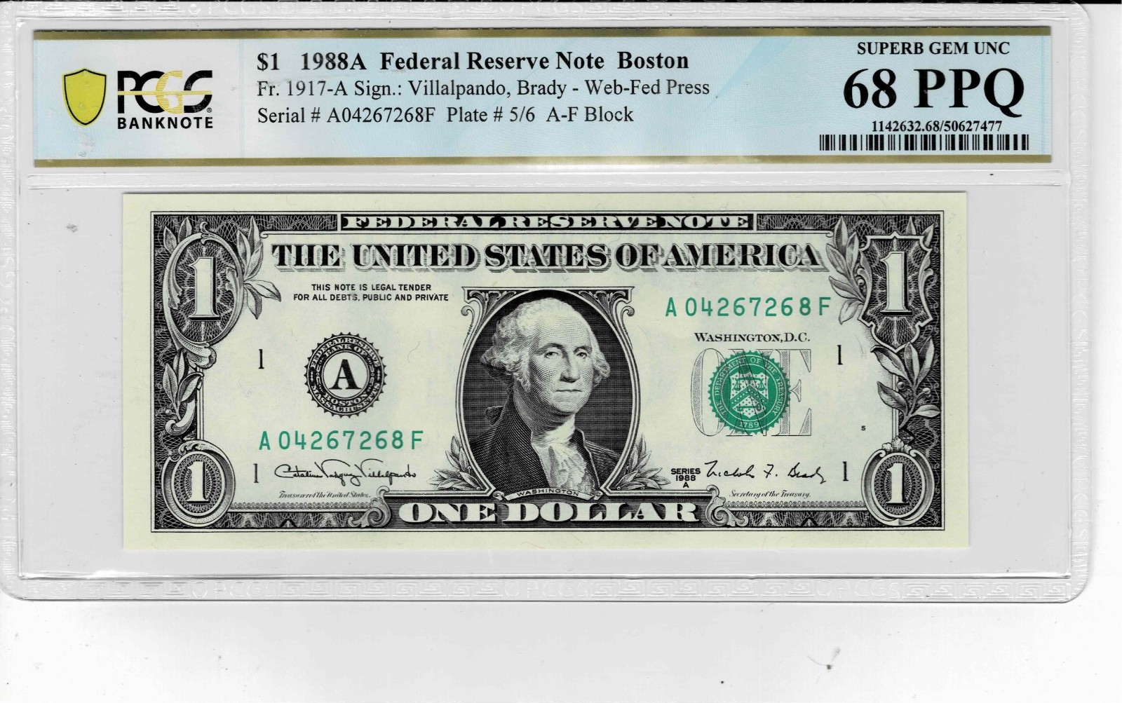 1988A $1 Federal Reserve 'WEB' Note-fr.1917-A (AF 5/6) -PCGS Superb GEM 68 PPQ