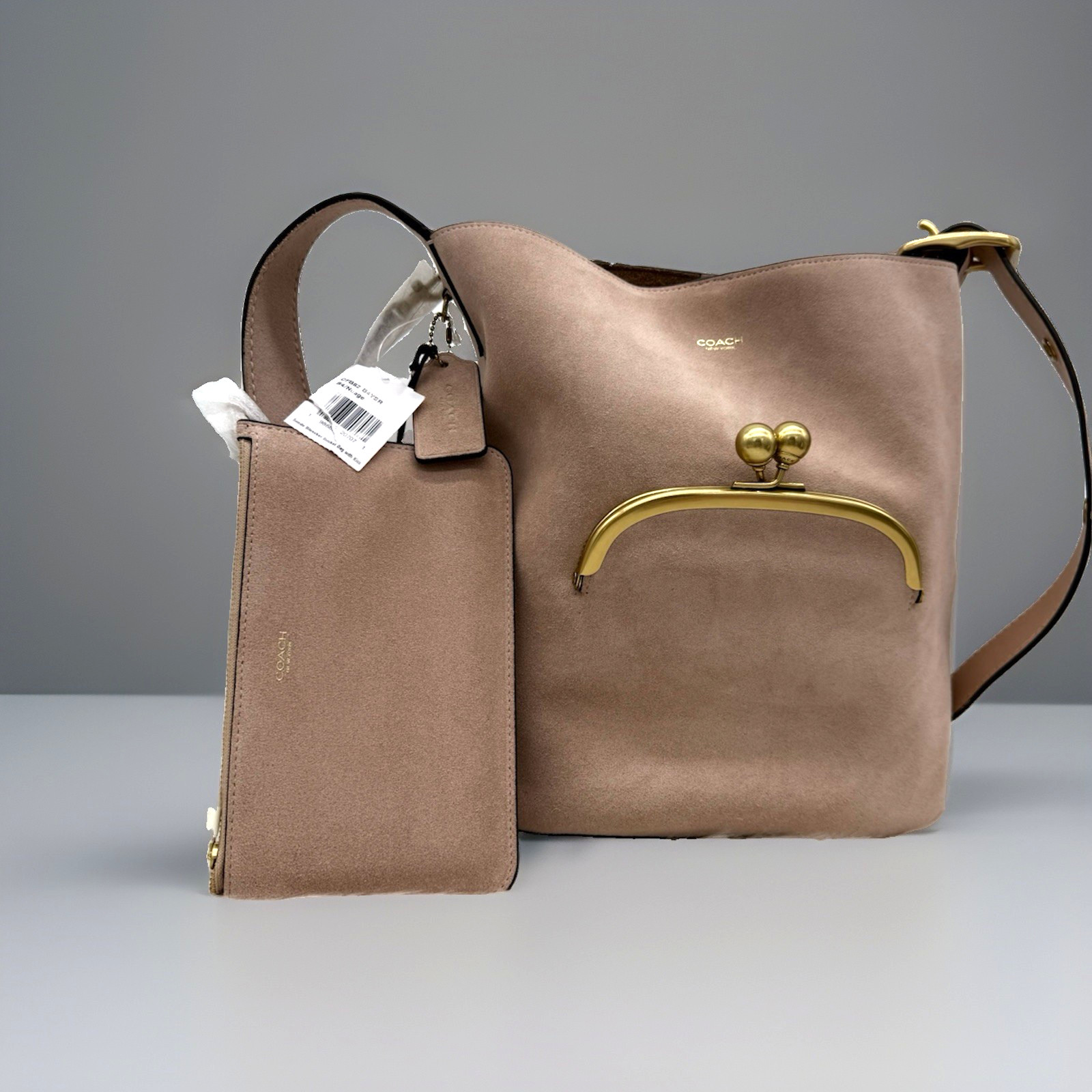 AUTH NWT $625 COACH Bleecker Suede Kisslock Bucket Shoulder Bag In Nuage/ Brass