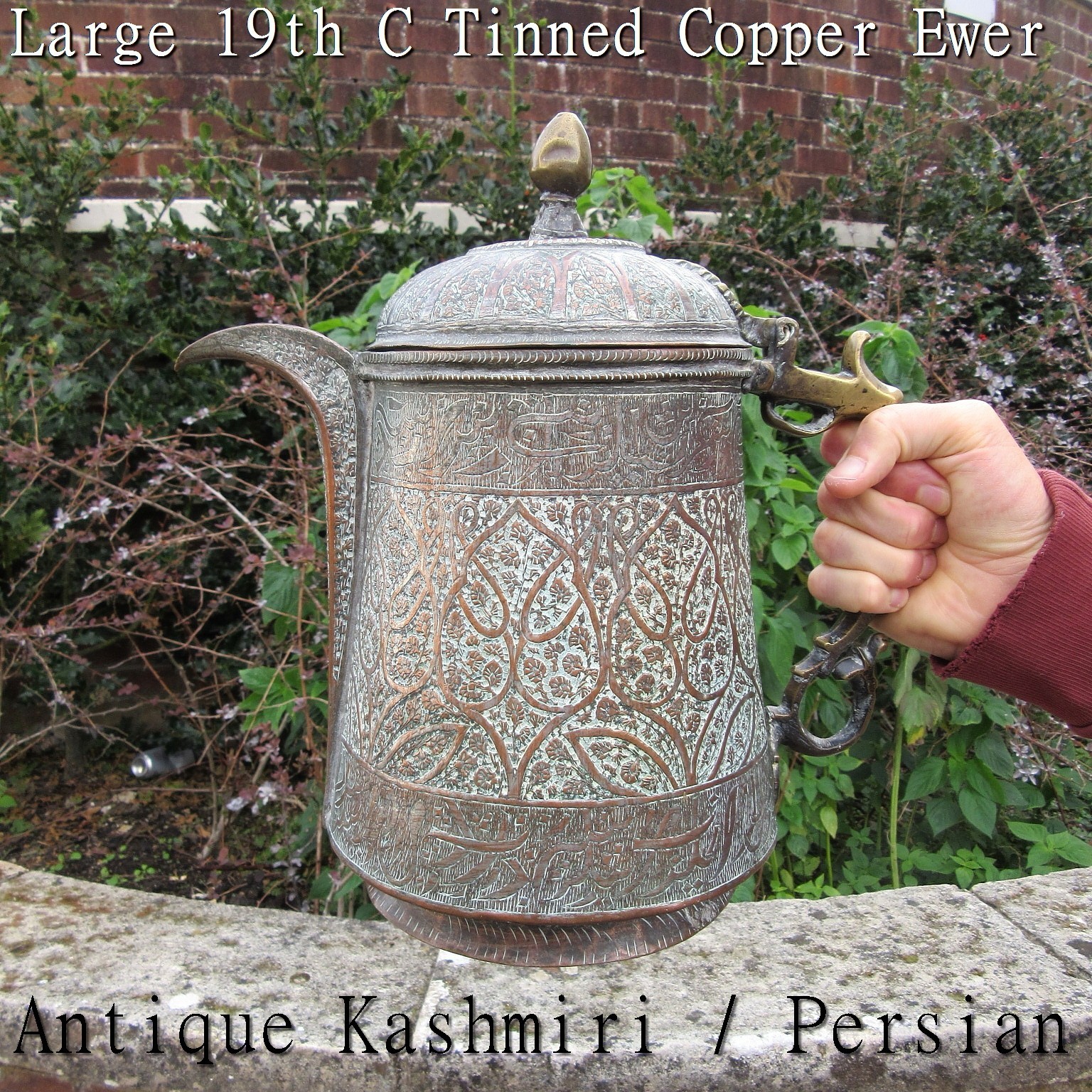 Antique 19thC Kashmiri, Persian, Middle Eastern, Tinned Copper Ewer / Coffee Pot