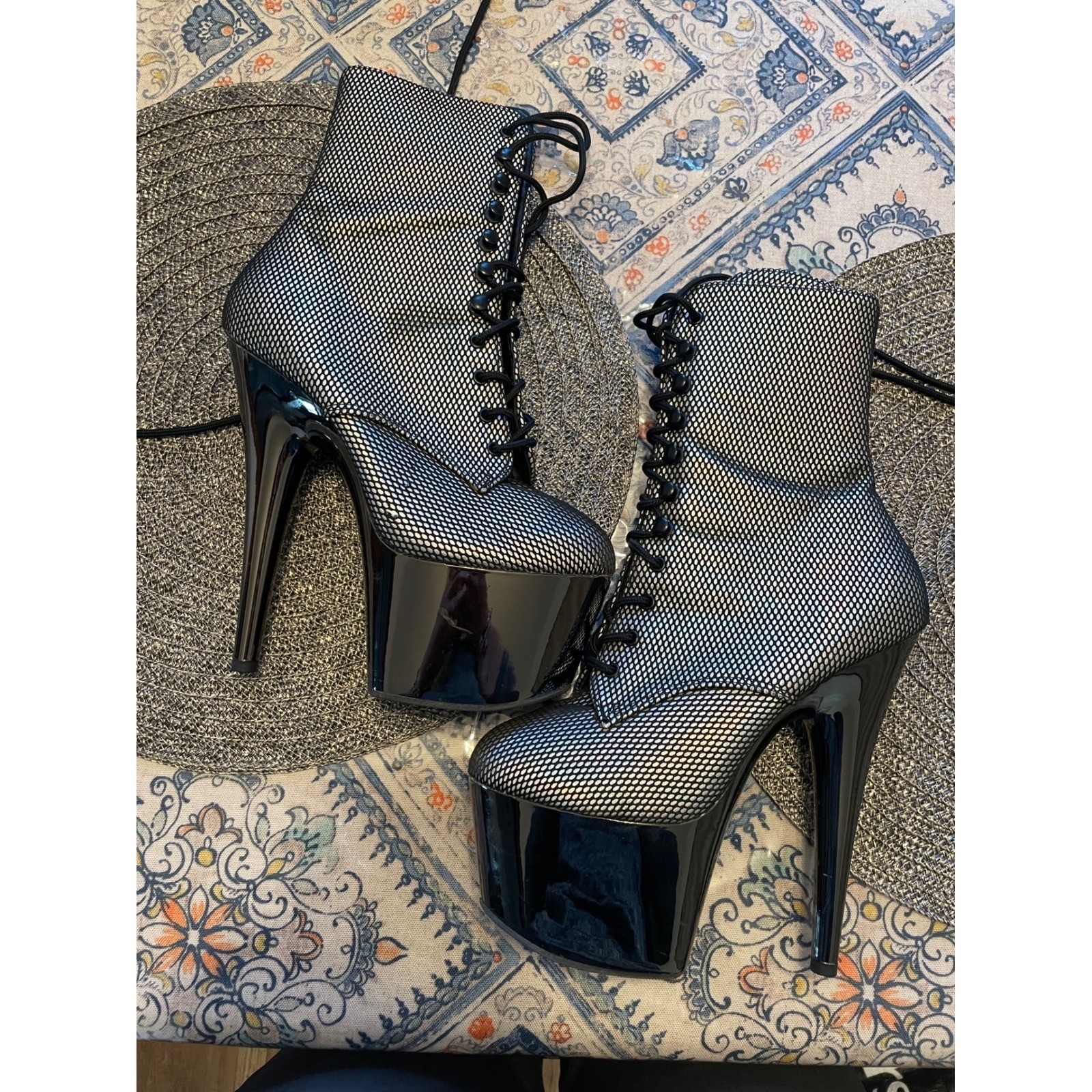 Pleaser Adore-1020SHG Silver Holographic Mesh Black Patent Platform Ankle Boots