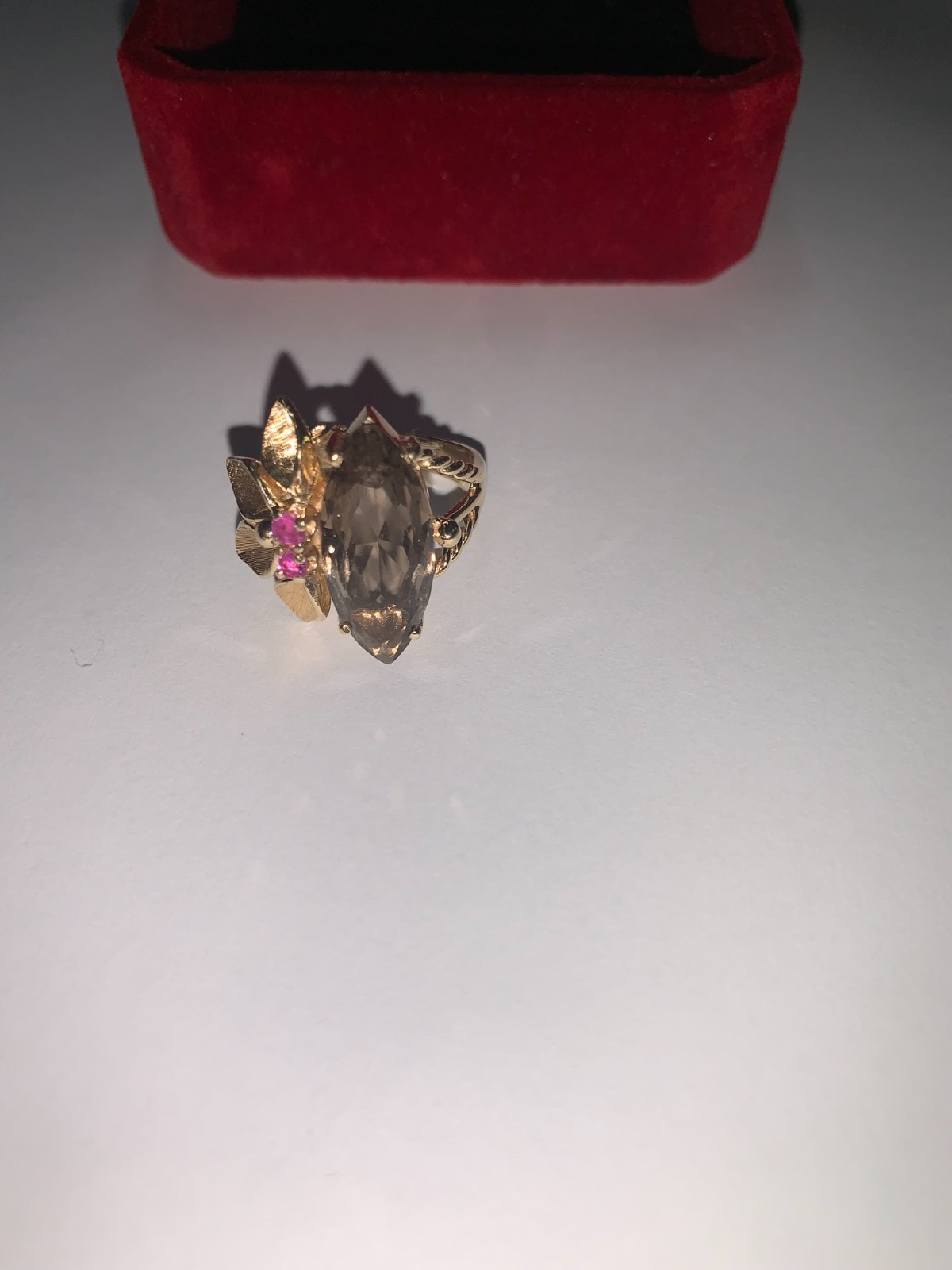 Vintage 14K Marquise Smokey Quartz and Ruby Accents in Floral Setting.