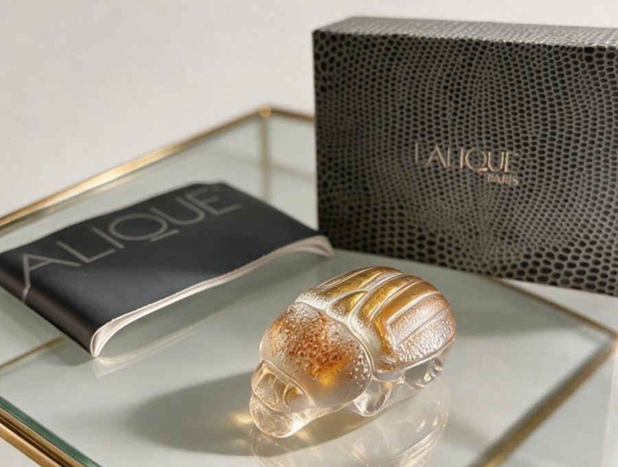 Lalique Crystal Scarabee Clear w/Gold  Signed w/Box