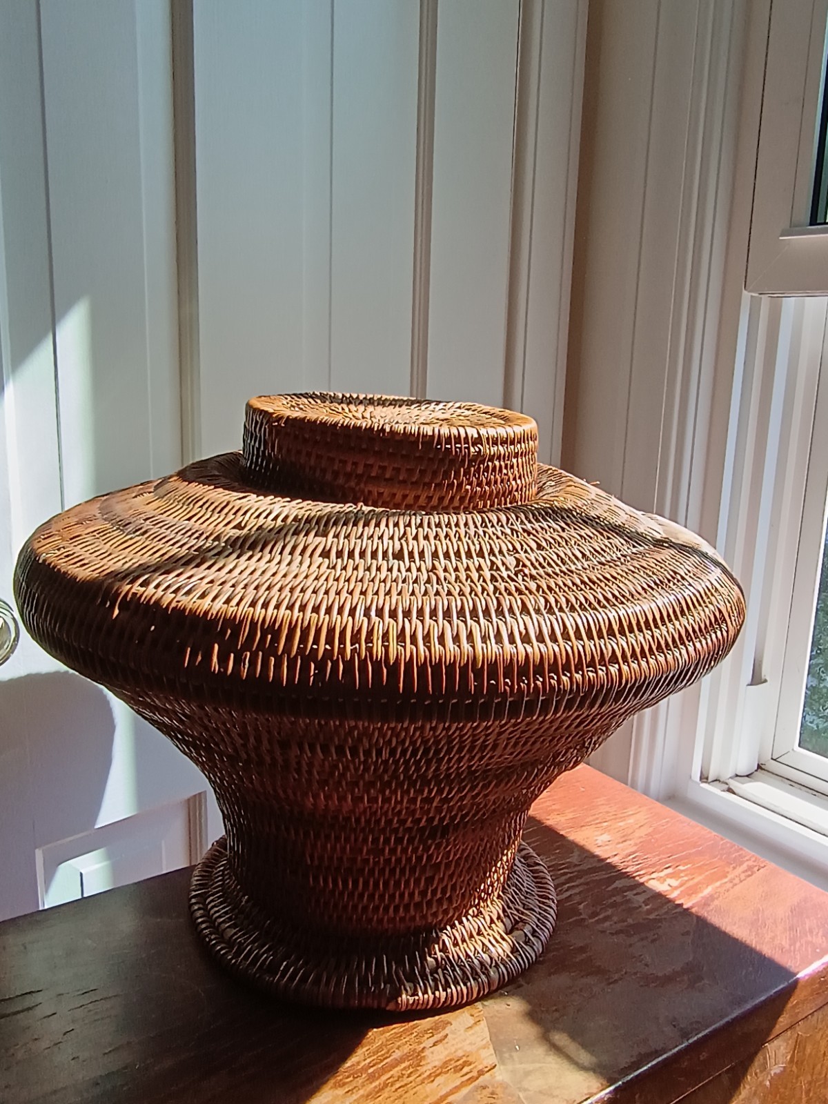 Large Basket Hand Woven Asian Design Snake Charmer 15x12 Lidded OOAK