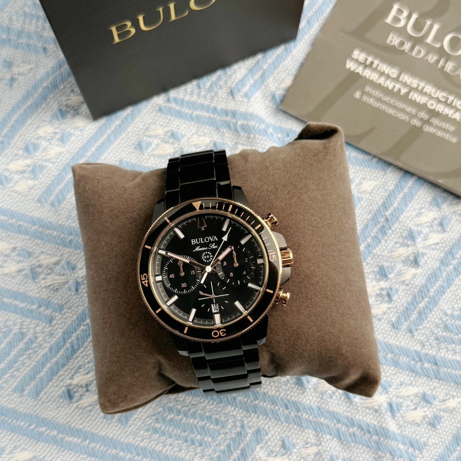 New Bulova Marine Star Chronograph Men\'s Watch Black Dial 45mm/98B302