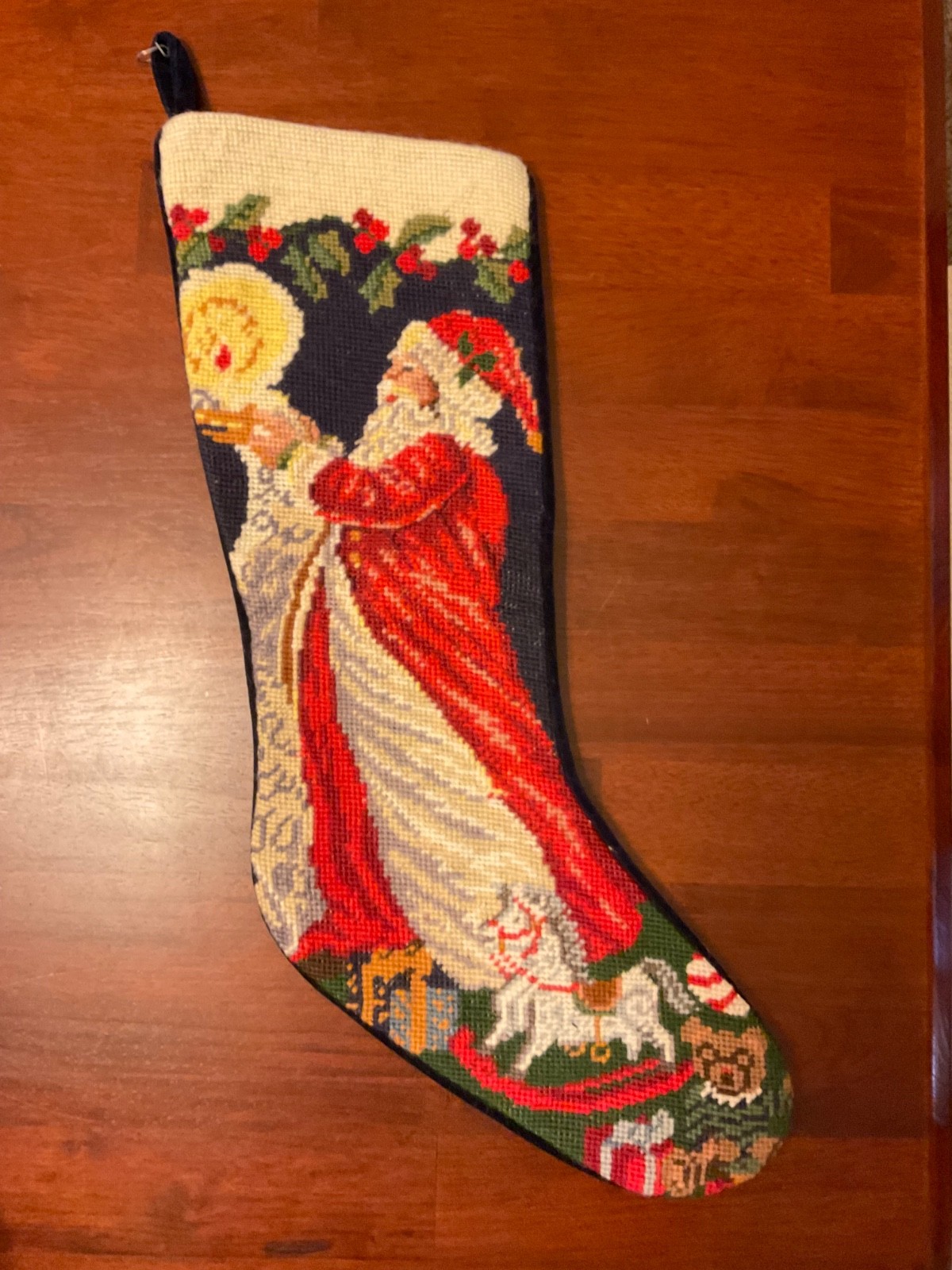 Vtg Lands End Needlepoint Christmas Stocking Santa Claus Rocking Horse Bear 22” Vtg Lands End Needlepoint Christmas Stocking Santa Claus Rocking Horse Bear 22”