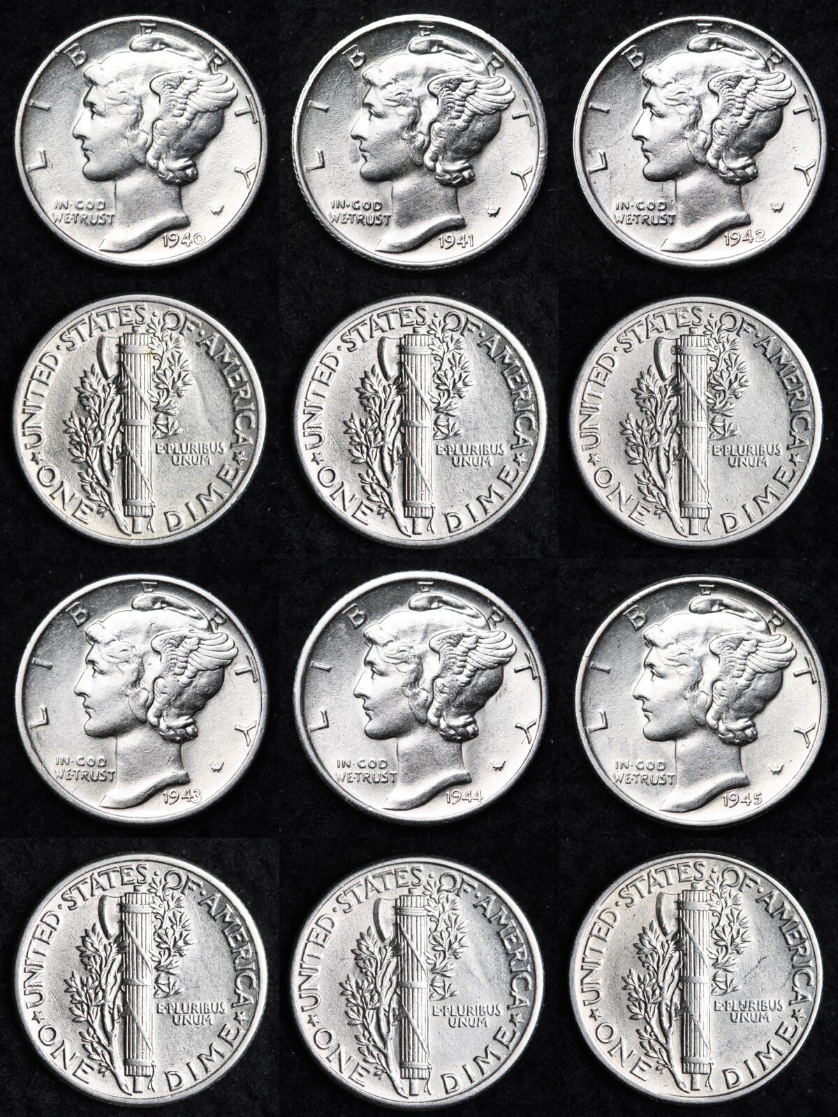 1940 1941 1942 1943 1944 1945 Mercury Silver Dime Nice AU 6 Coin Lot FREE S/H